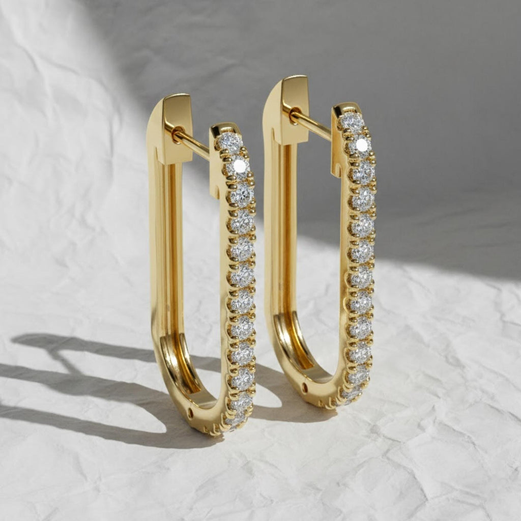 14K Gold Diamond Huggie Earrings, Lab Grown Diamond Paperclip Hoop Earrings