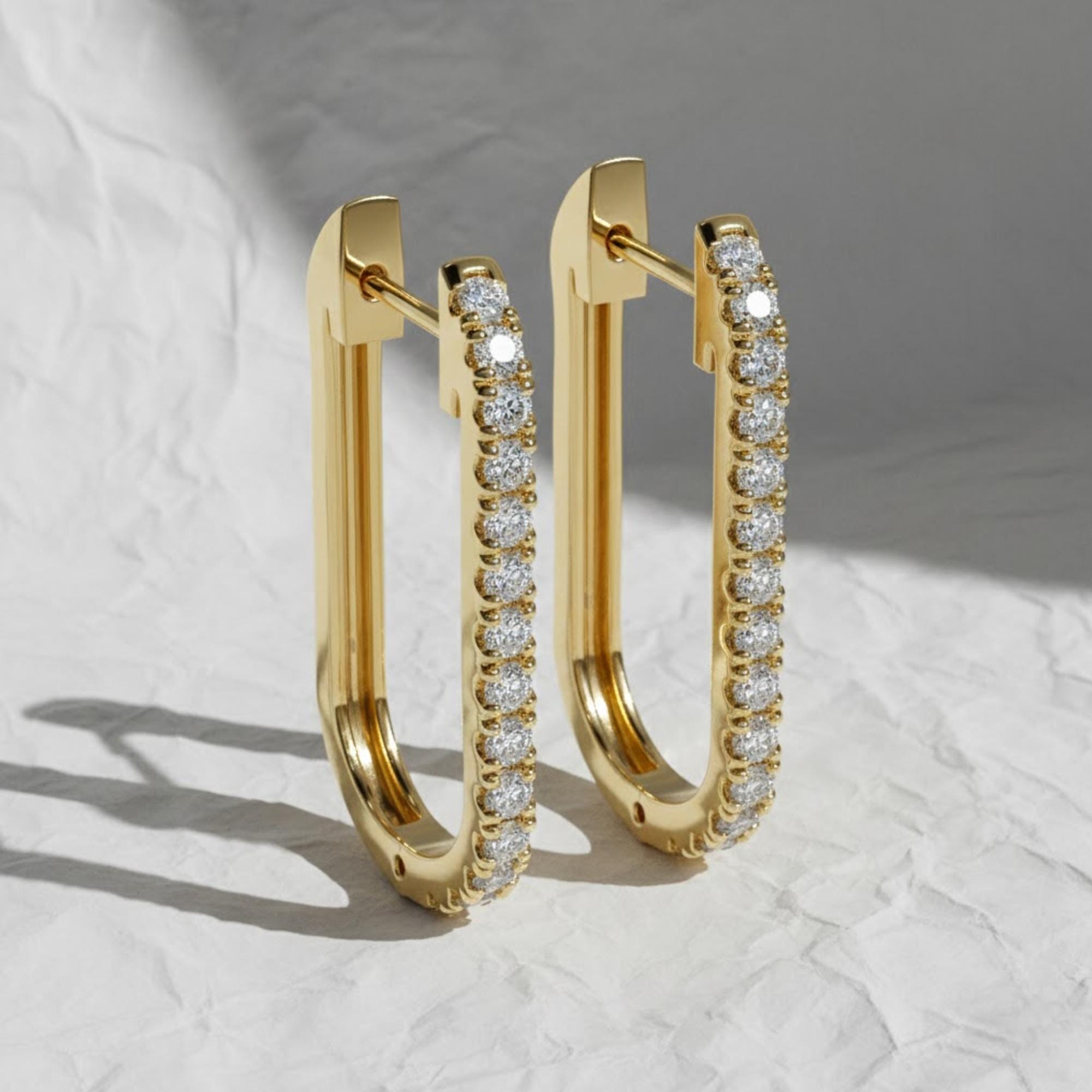 14K Gold Diamond Huggie Earrings, Lab Grown Diamond Paperclip Hoop Earrings