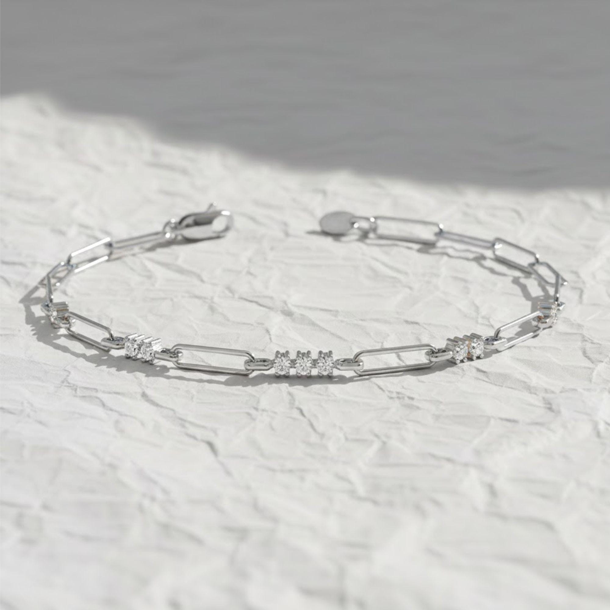 14K Gold Paperclip Diamond Bracelet | Lab Grown Diamond Paperclip Stacking Bracelet