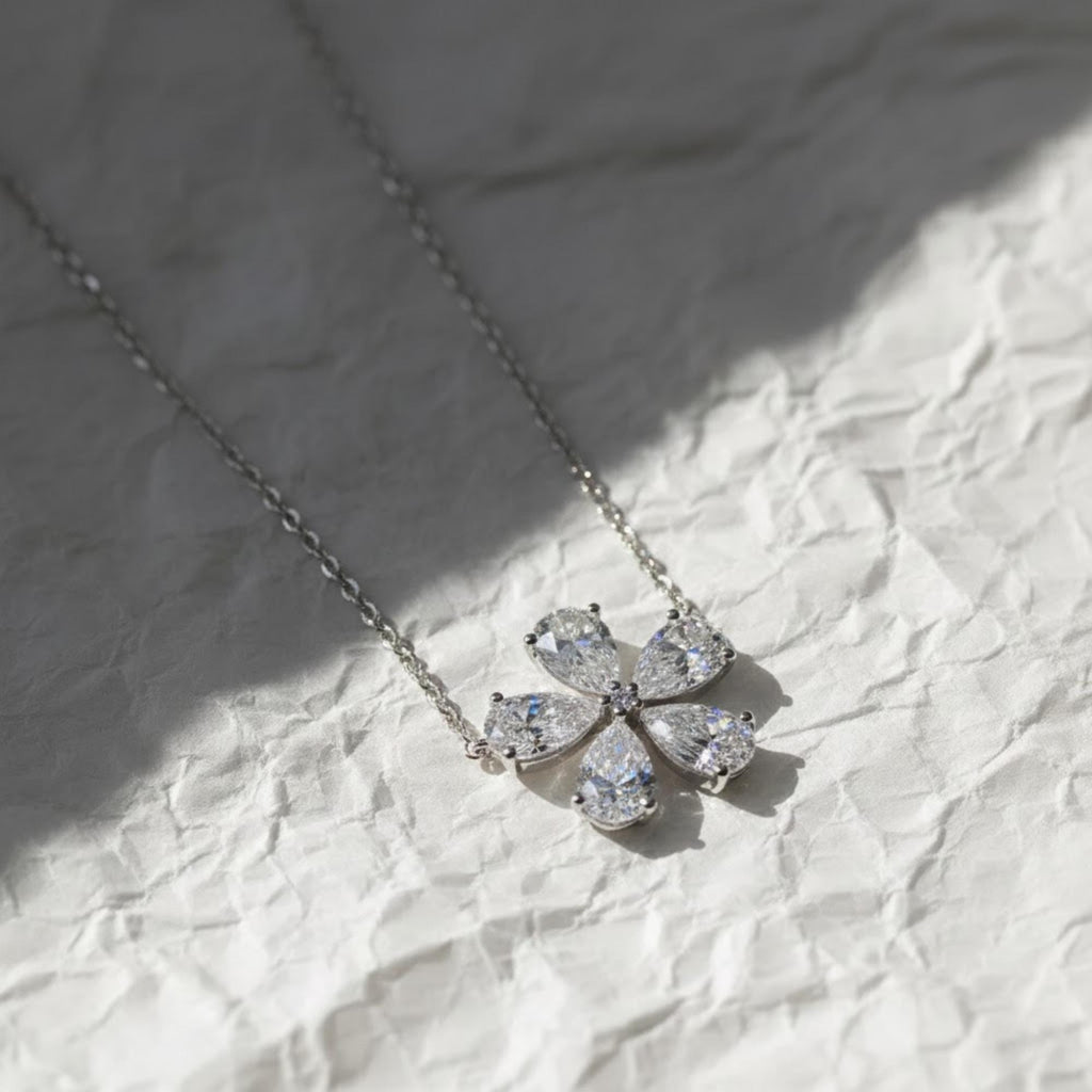 14K Solid Gold Pear Shaped Flower Design Lab Grown Diamond Necklace
