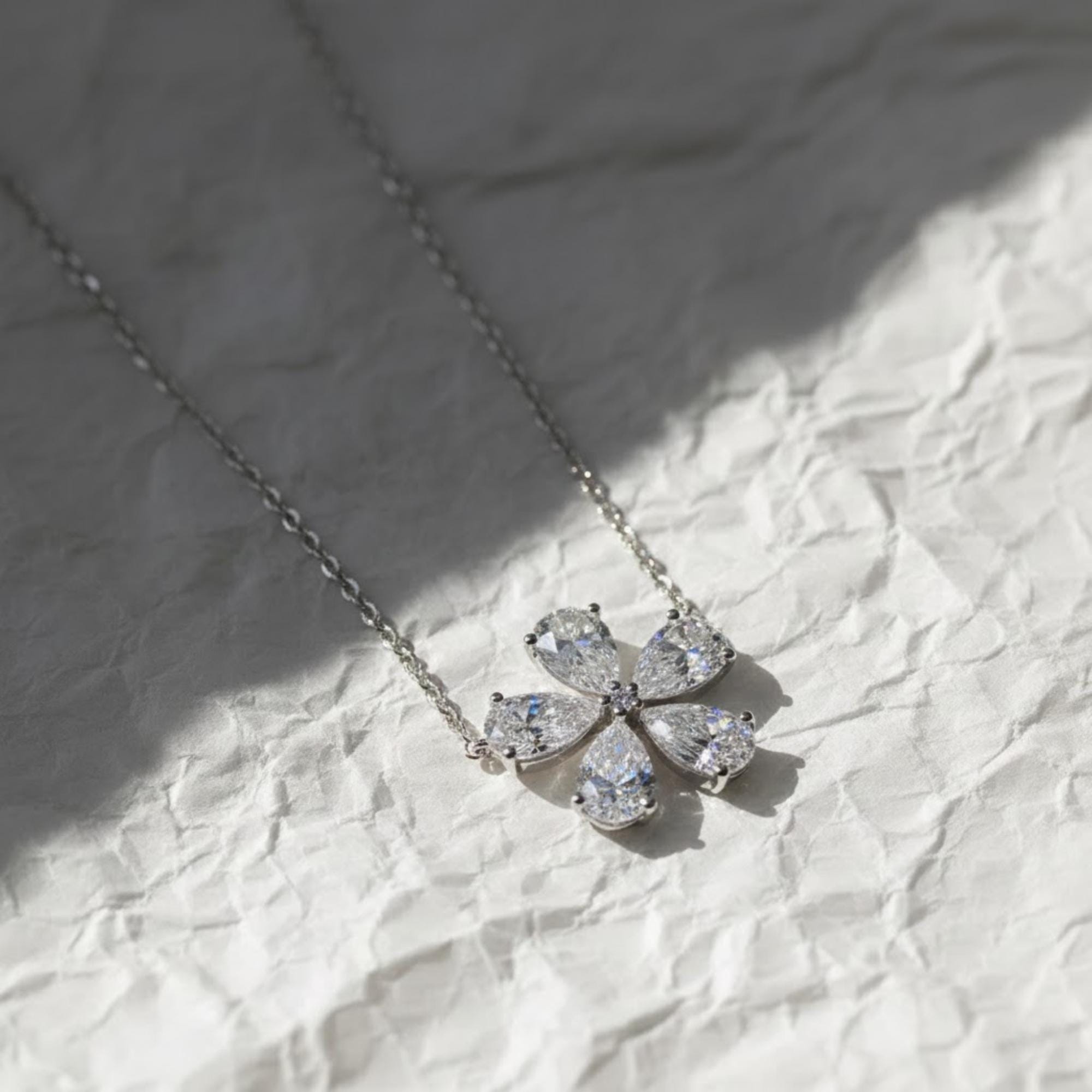 14K Solid Gold Pear Shaped Flower Design Lab Grown Diamond Necklace