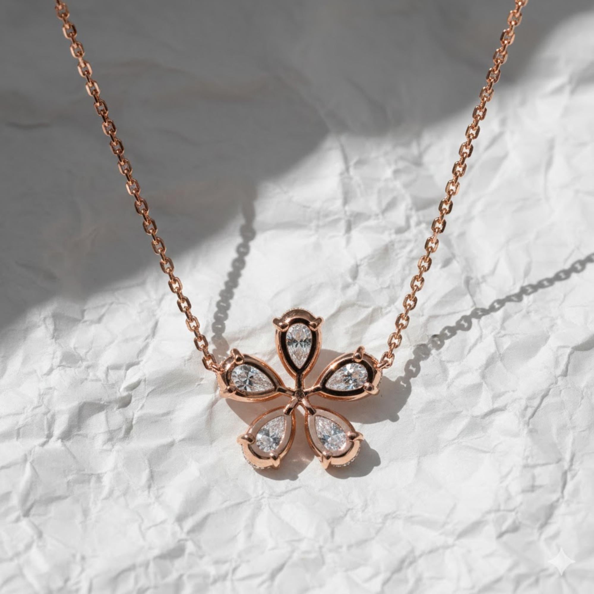 14K Solid Gold Pear Shaped Flower Design Lab Grown Diamond Necklace