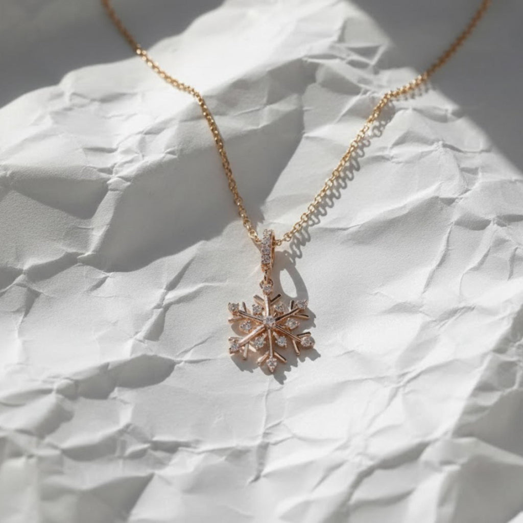 Snowflake Necklace, 14K Yellow Gold Diamond Pendant Necklace