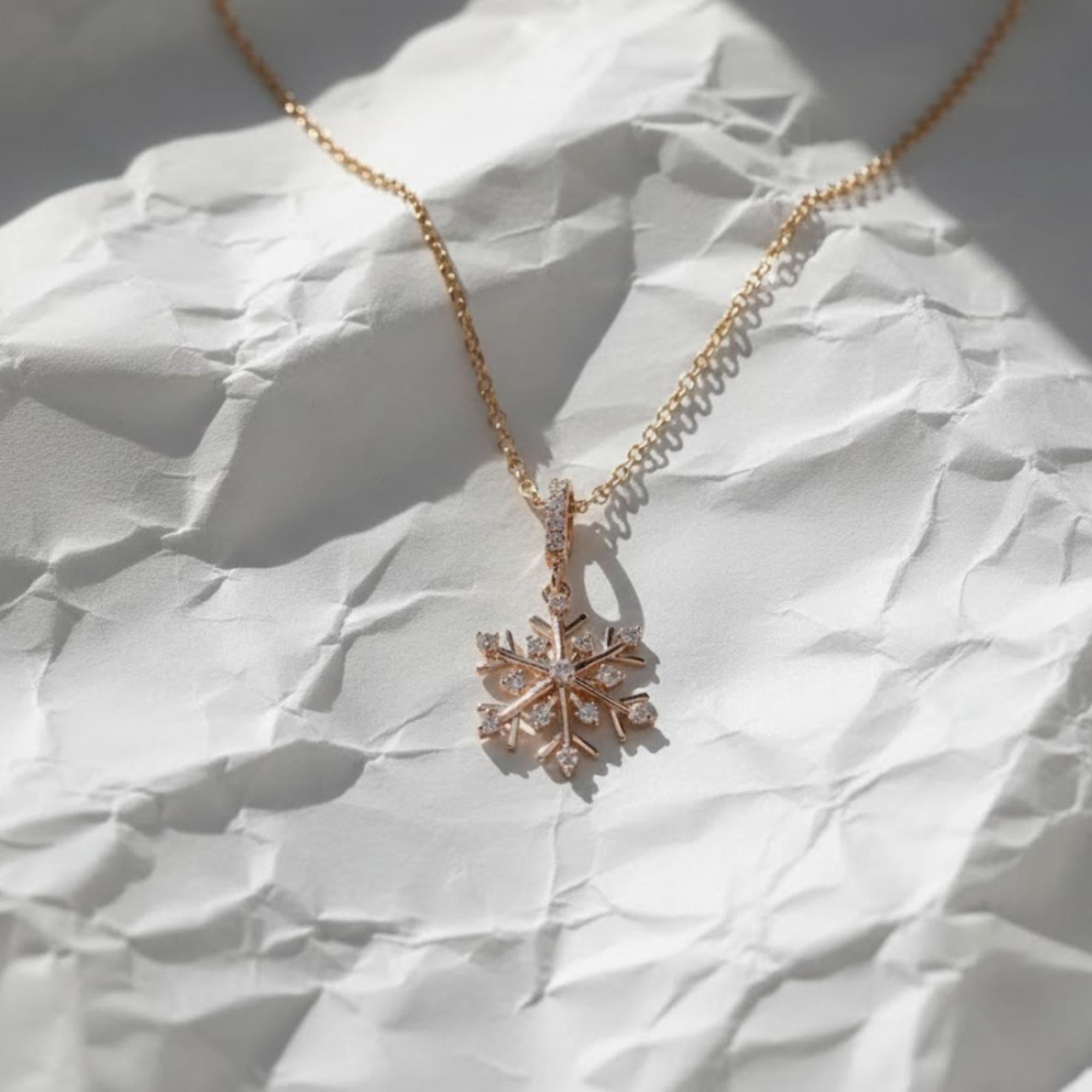 Snowflake Necklace, 14K Yellow Gold Diamond Pendant Necklace