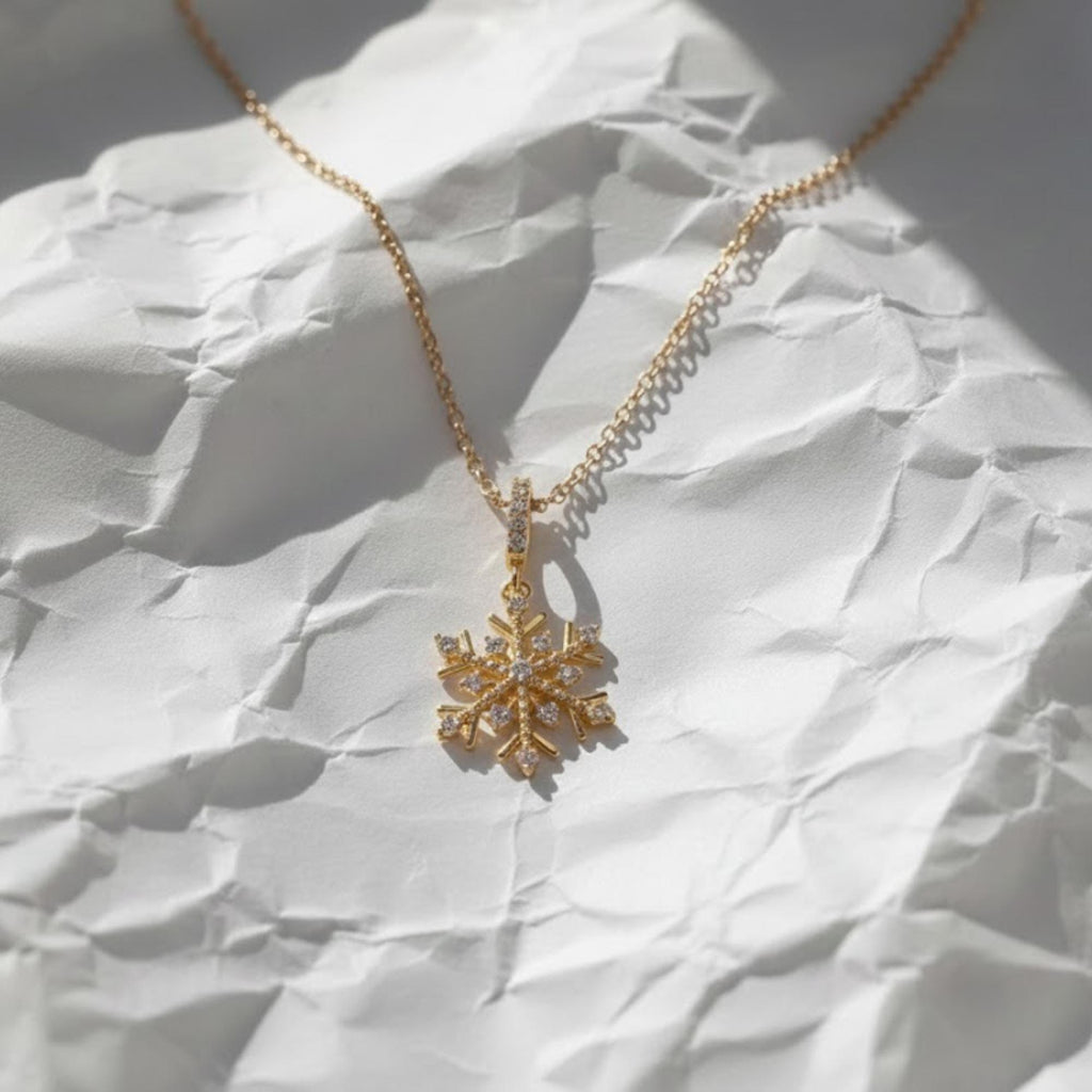 Snowflake Necklace, 14K Yellow Gold Diamond Pendant Necklace