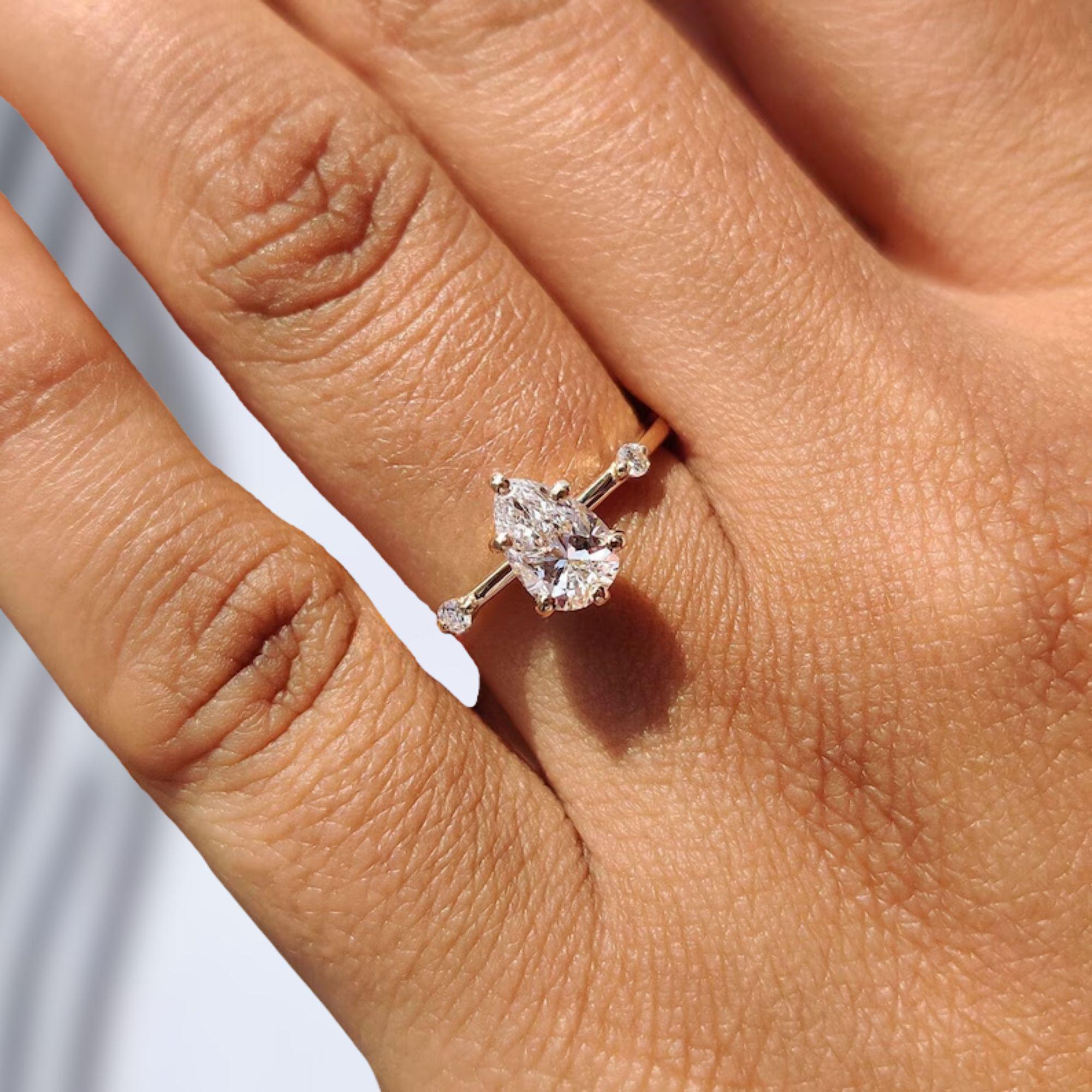 1.00 Carat Pear Cut Lab Grown Diamond Engagement Ring, 14K Gold Anniversary Ring For Her