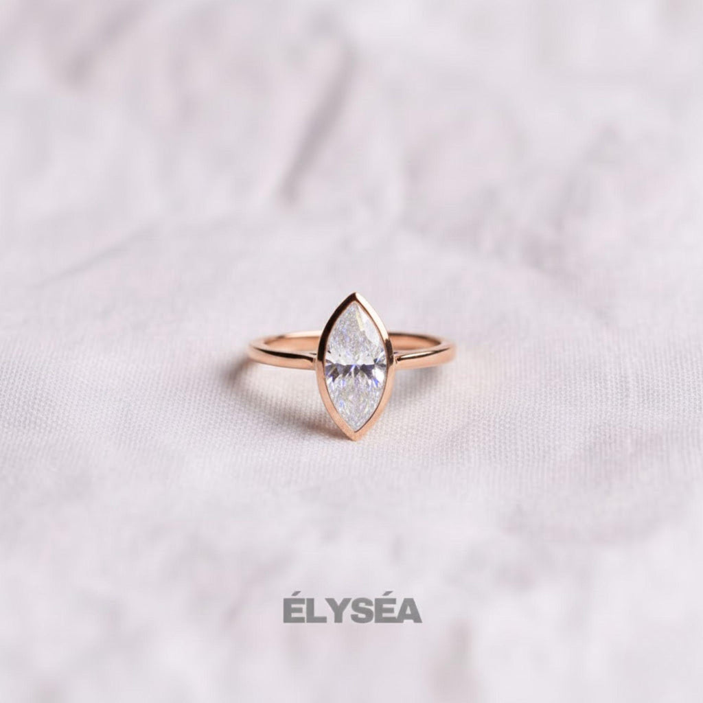 14K Gold Marquise Lab Created Diamond Bezel Set Ring / Split Shank Engagement Ring