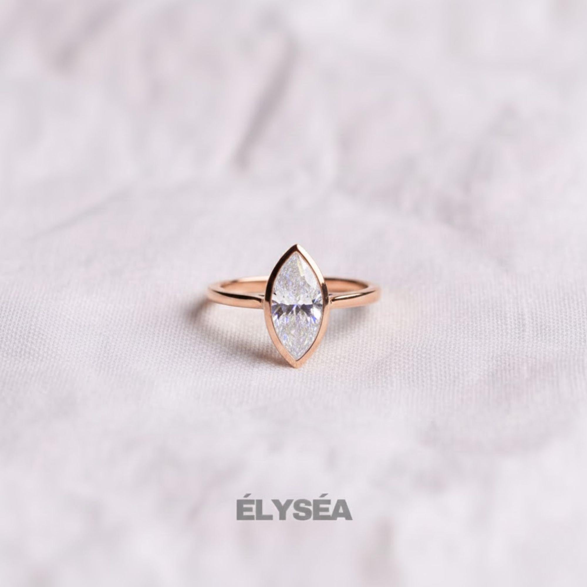 14K Gold Marquise Lab Created Diamond Bezel Set Ring / Split Shank Engagement Ring