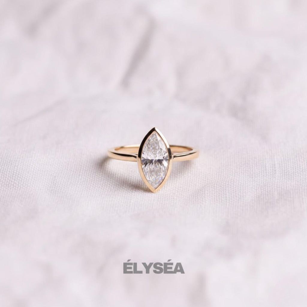 14K Gold Marquise Lab Created Diamond Bezel Set Ring / Split Shank Engagement Ring