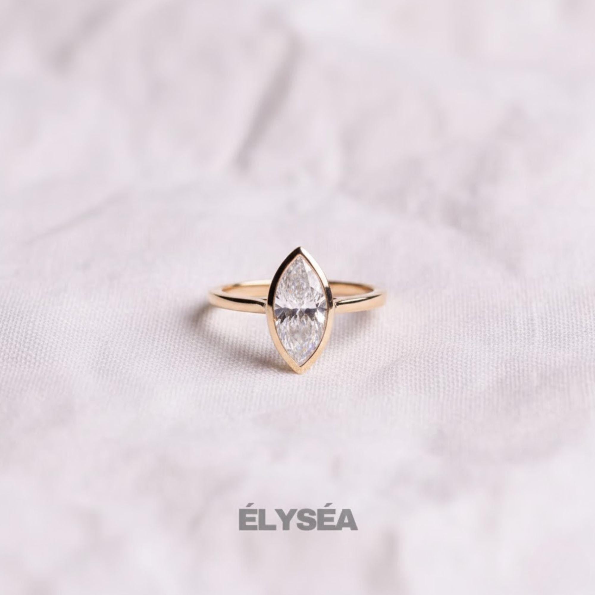 14K Gold Marquise Lab Created Diamond Bezel Set Ring / Split Shank Engagement Ring