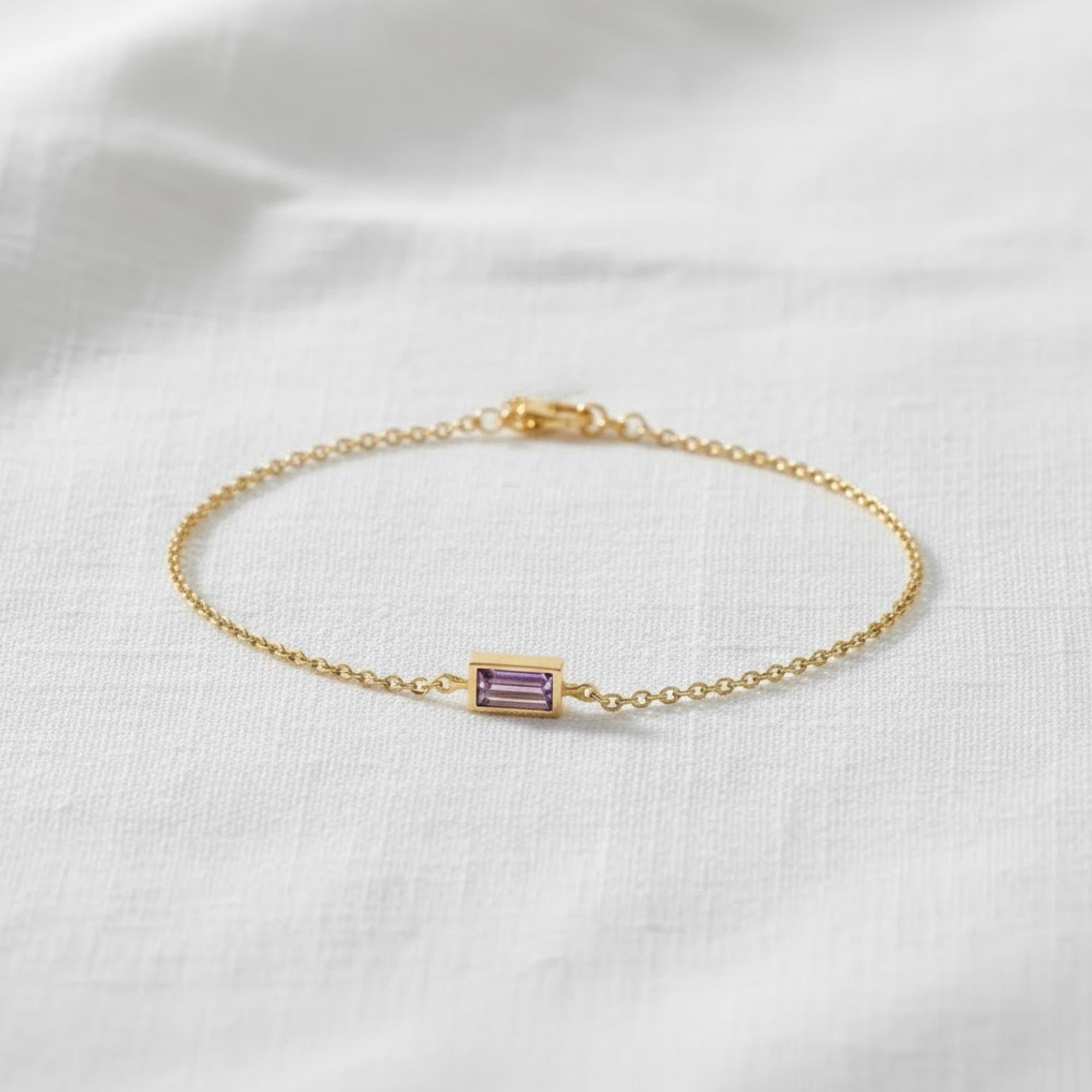 14k Gold Amethyst Bracelet, Baguette Gemstone Stone with Bezel Setting, February Birthstone, Birthstone Jewelry, 14k Dainty Bracelet