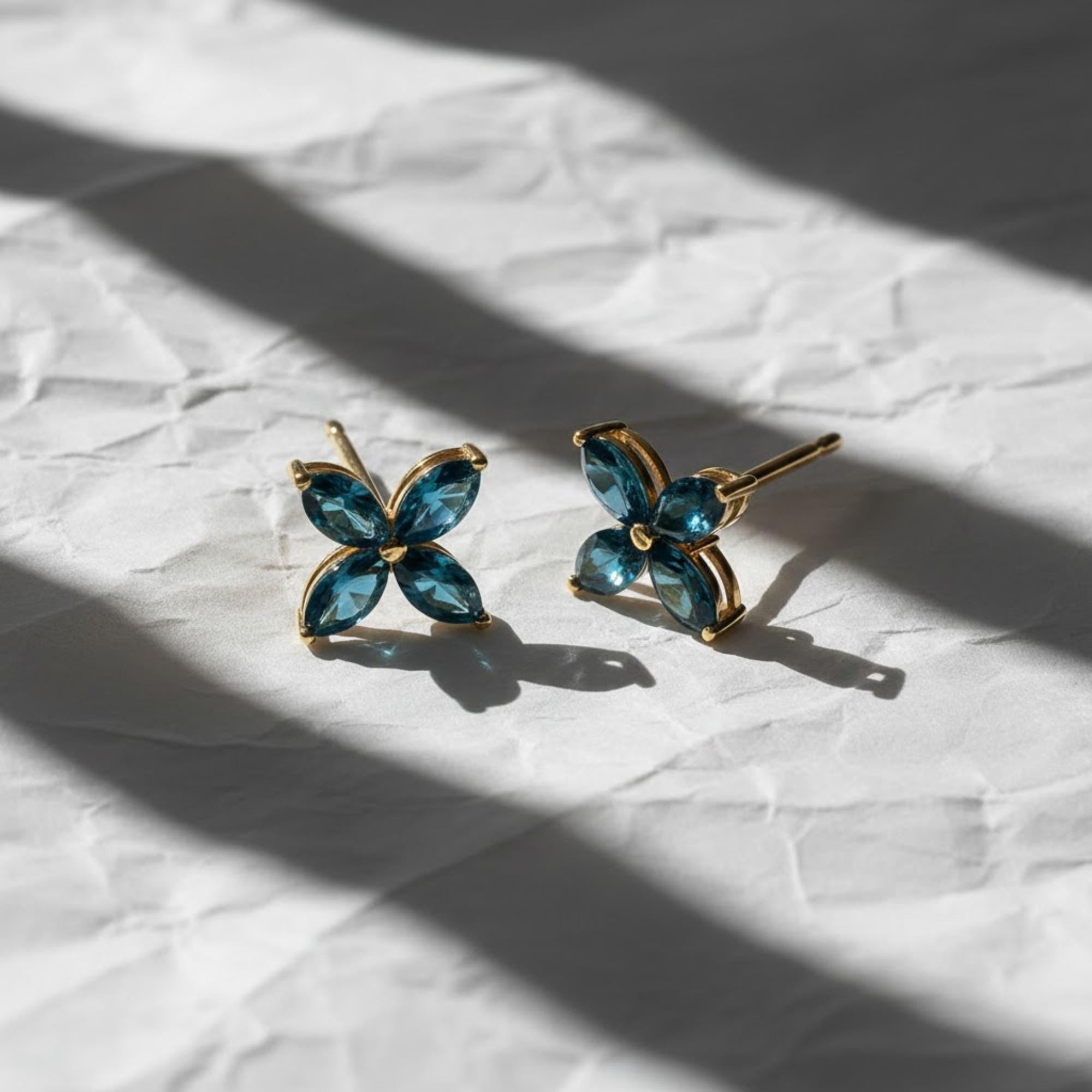 London Blue Topaz Butterfly Earrings, 14K Gold 1.75 ctw Marquise & Pear Shape Dainty Birthstone Earrings