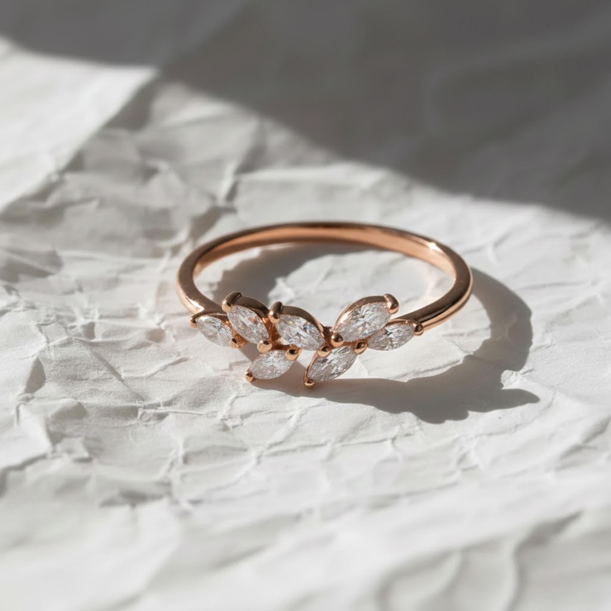 14K Gold Unique Leaf Floral Lab Grown Diamond Wedding Ring Vintage Yellow Gold Marquise Diamond Ring