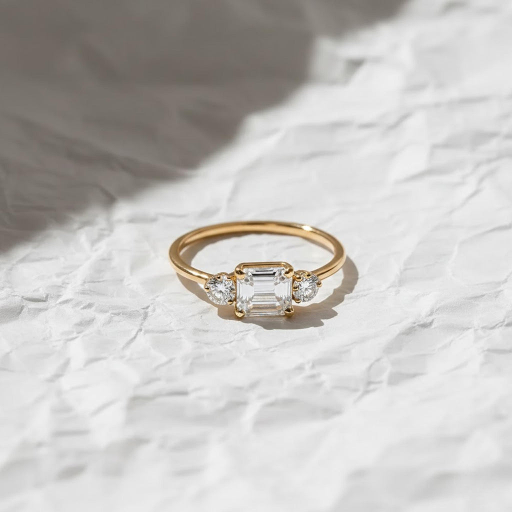 Emerald Cut Lab Diamond Vintage Ring, 14K Gold East To West Anniversary & Engagement Ring