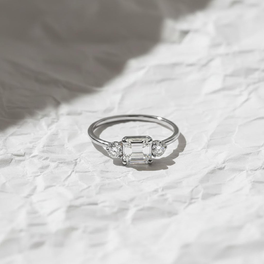 Emerald Cut Lab Diamond Vintage Ring, 14K Gold East To West Anniversary & Engagement Ring