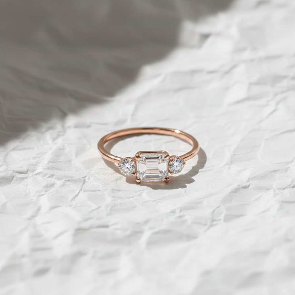 Emerald Cut Lab Diamond Vintage Ring, 14K Gold East To West Anniversary & Engagement Ring