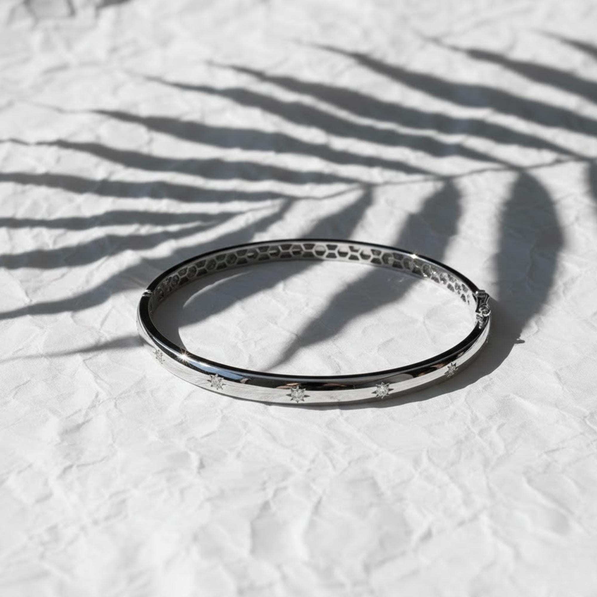 14K Gold Starburst Bangle, Layering Lab Diamond Starburst Bracelet, Gift for Mom