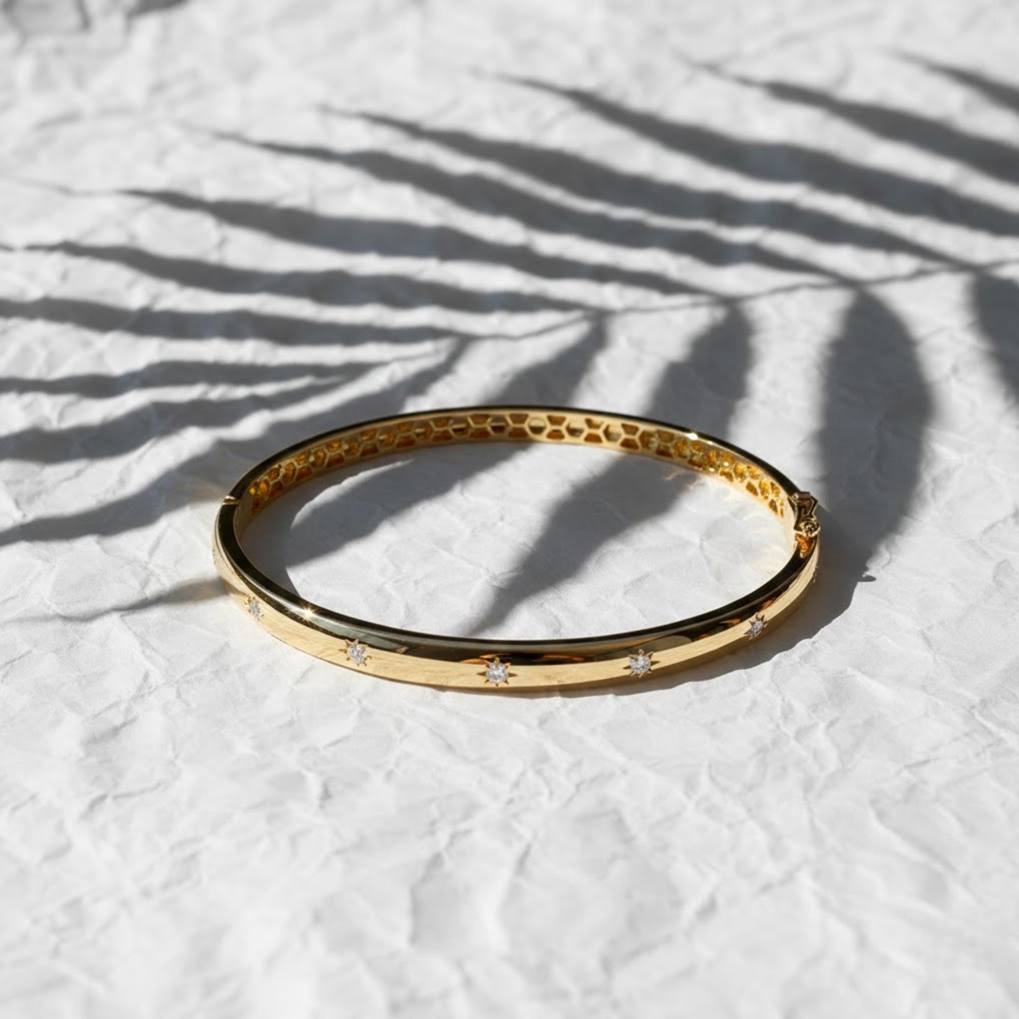 14K Gold Starburst Bangle, Layering Lab Diamond Starburst Bracelet, Gift for Mom