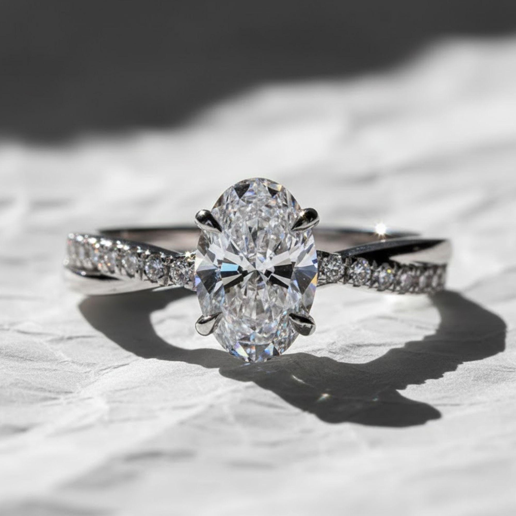Oval Cut Lab Grown Diamond Engagement Ring, 14K Gold Pave Twisted Band