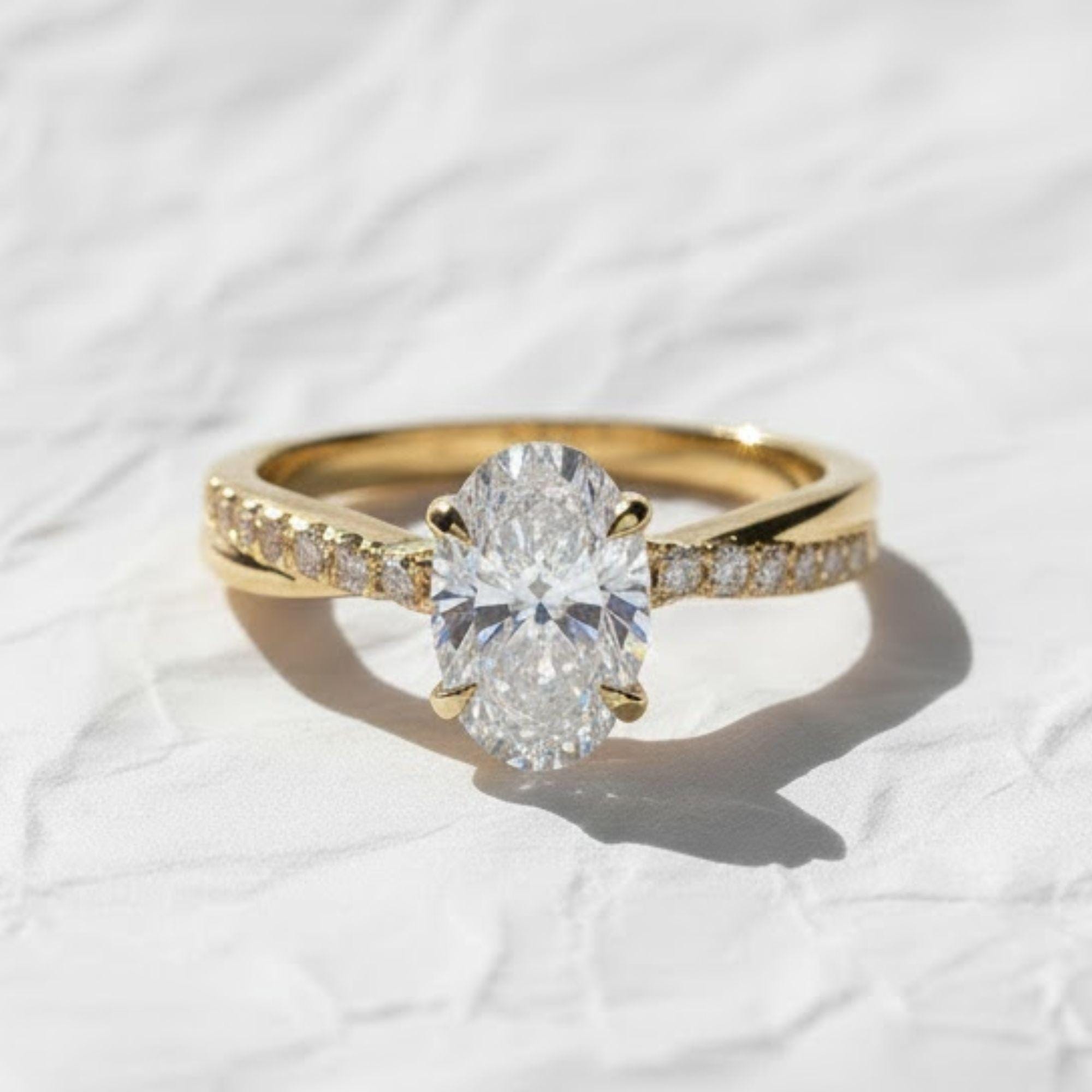 Oval Cut Lab Grown Diamond Engagement Ring, 14K Gold Pave Twisted Band