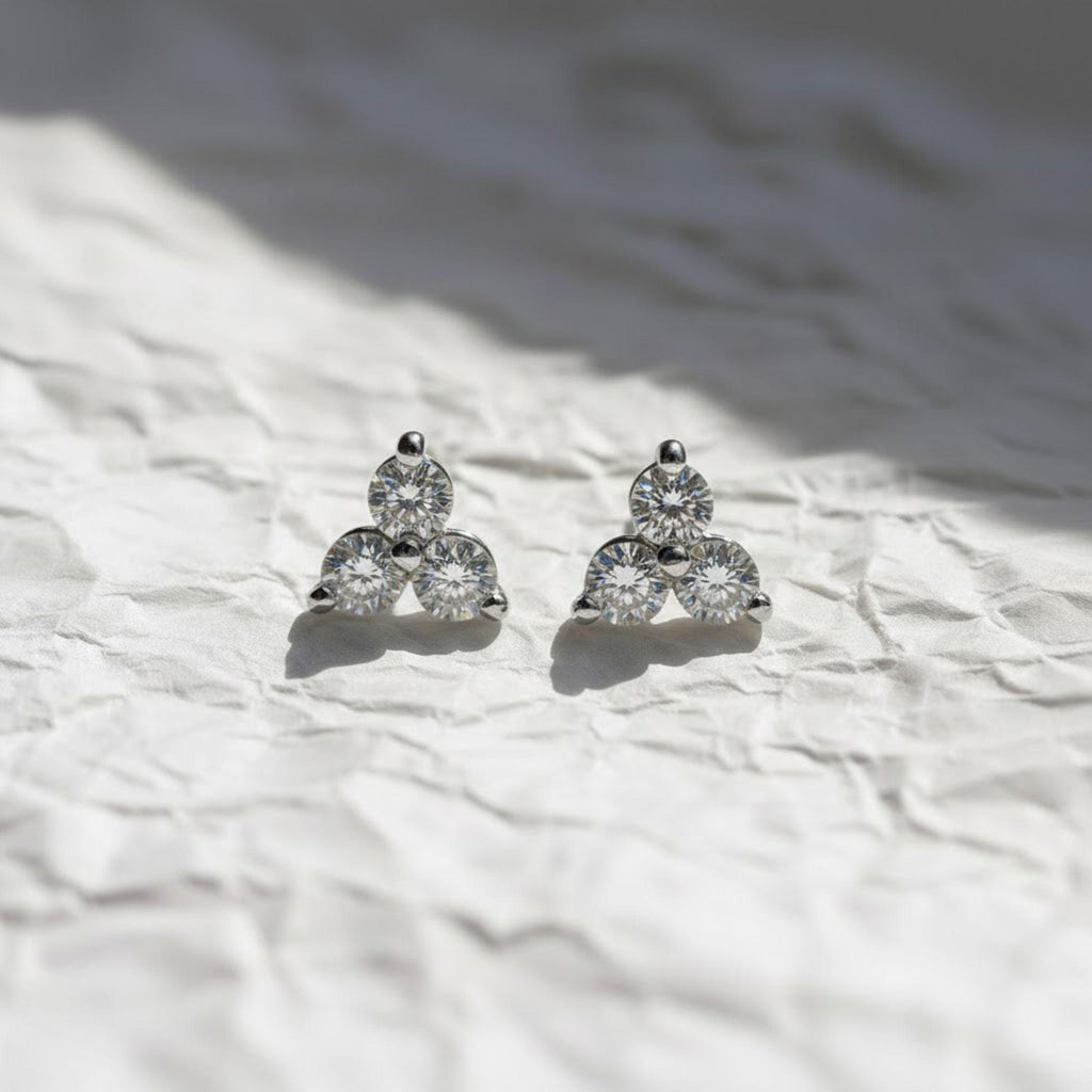 14K Gold Round Cut Diamond Trio Tiny Stud Earrings