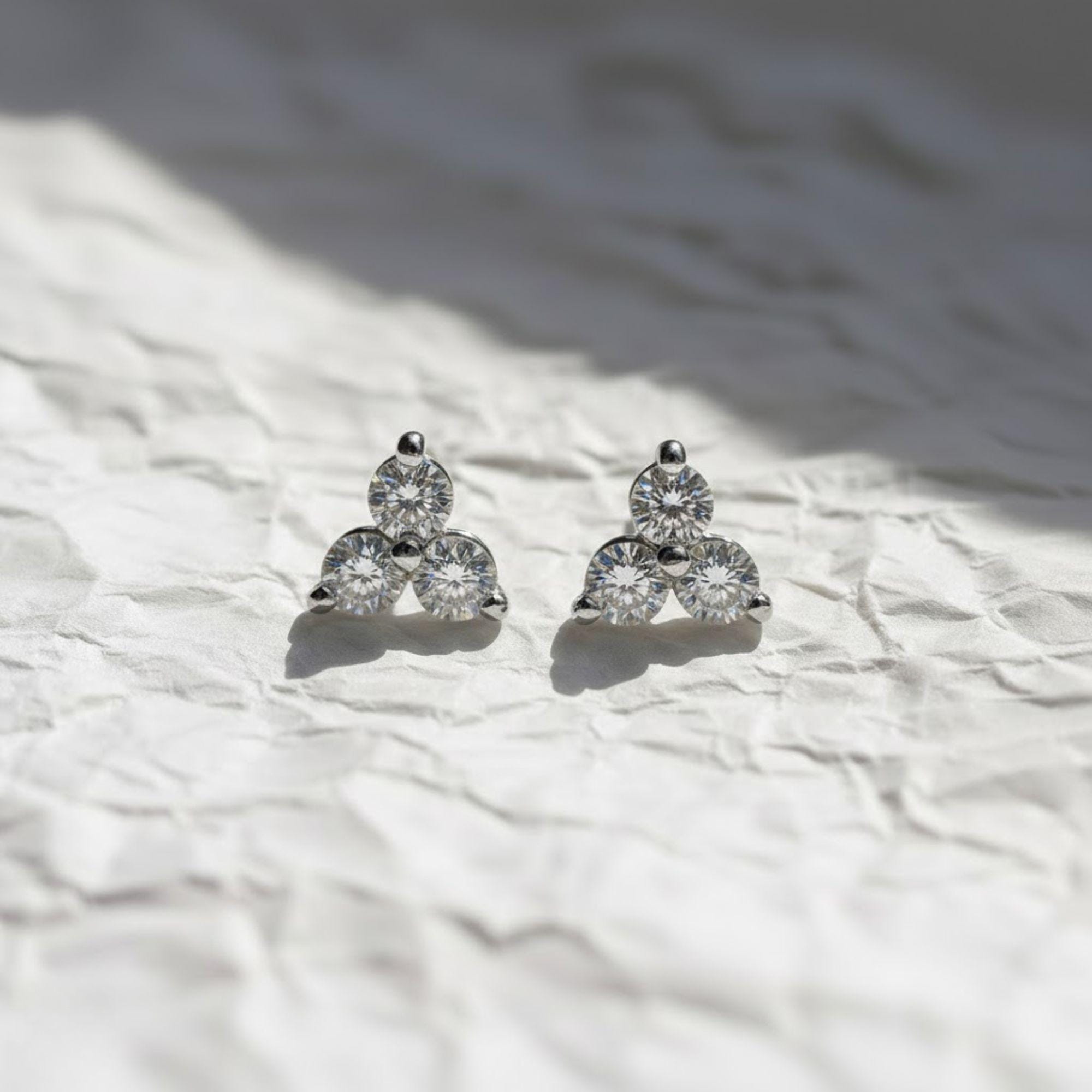 14K Gold Round Cut Diamond Trio Tiny Stud Earrings