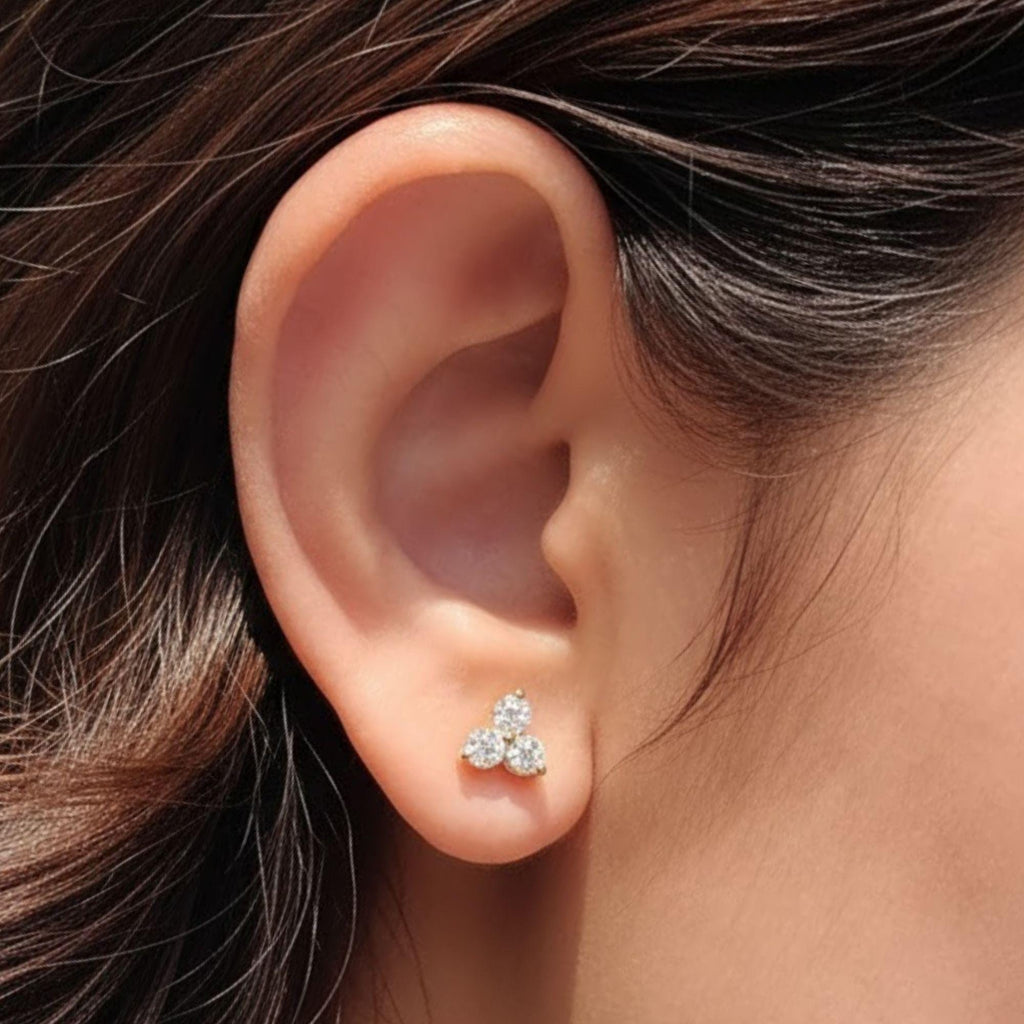 14K Gold Round Cut Diamond Trio Tiny Stud Earrings