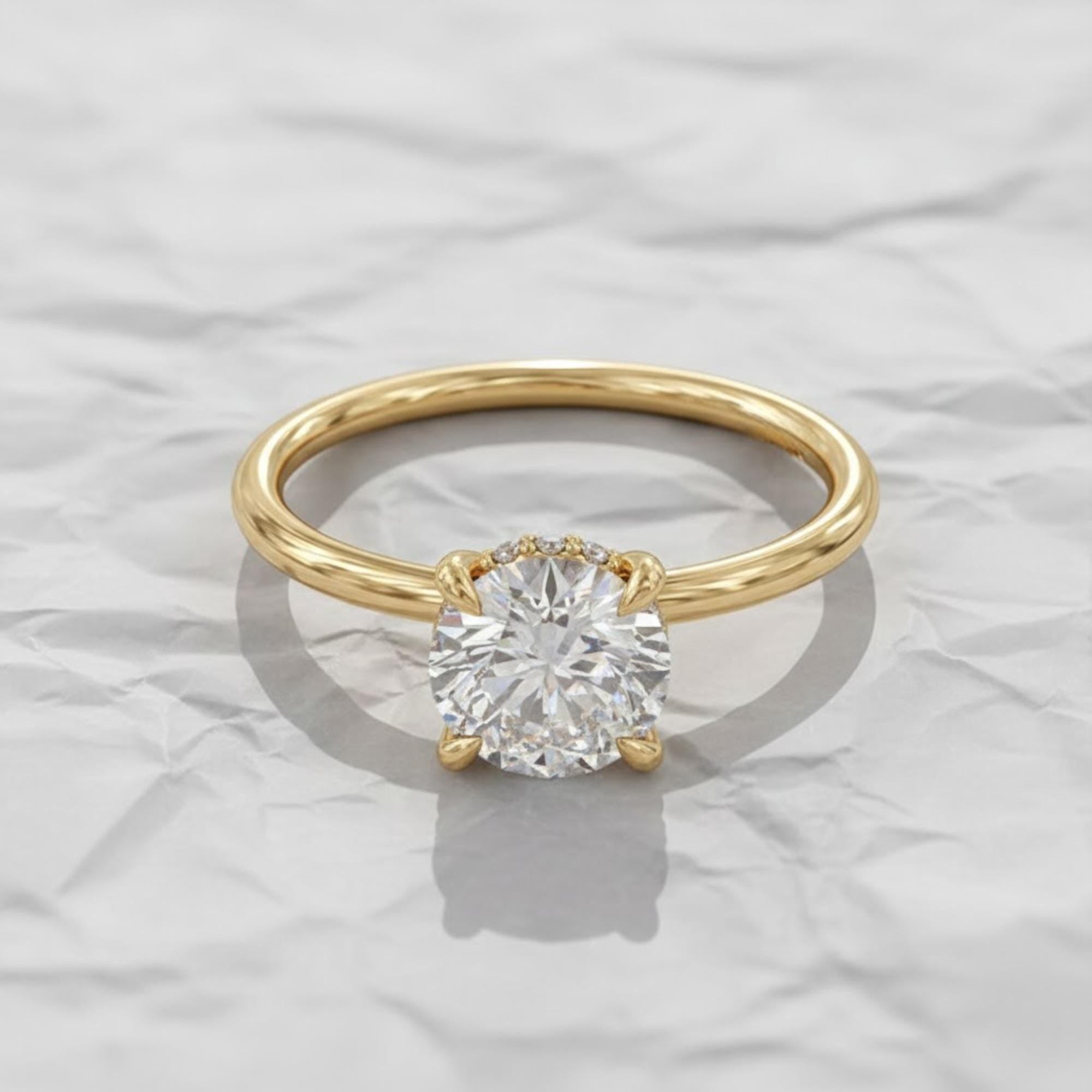 1 CT Solitaire Round Lab Grown Diamond With Hidden halo Engagement ring, 14K Solid Gold Ring