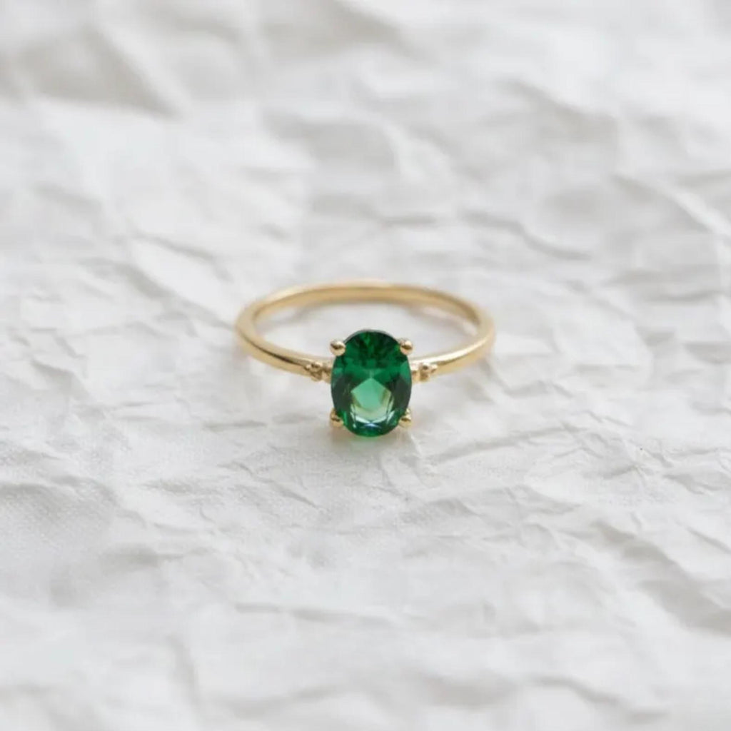 14K Solid Gold Emerald Ring • Tiny Green Gem Promise Ring for Women • Dainty Stackable Jewelry Gift