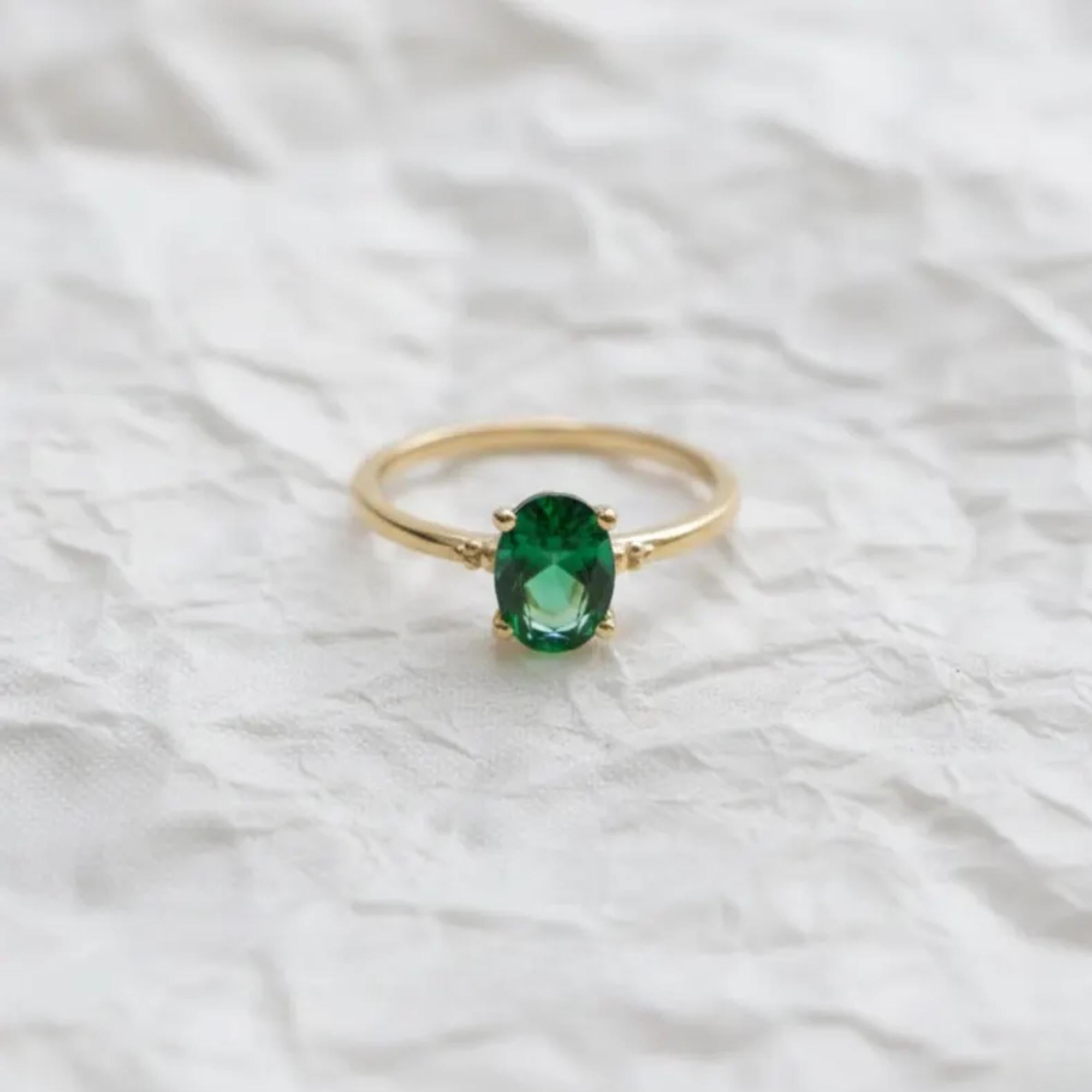 14K Solid Gold Emerald Ring • Tiny Green Gem Promise Ring for Women • Dainty Stackable Jewelry Gift