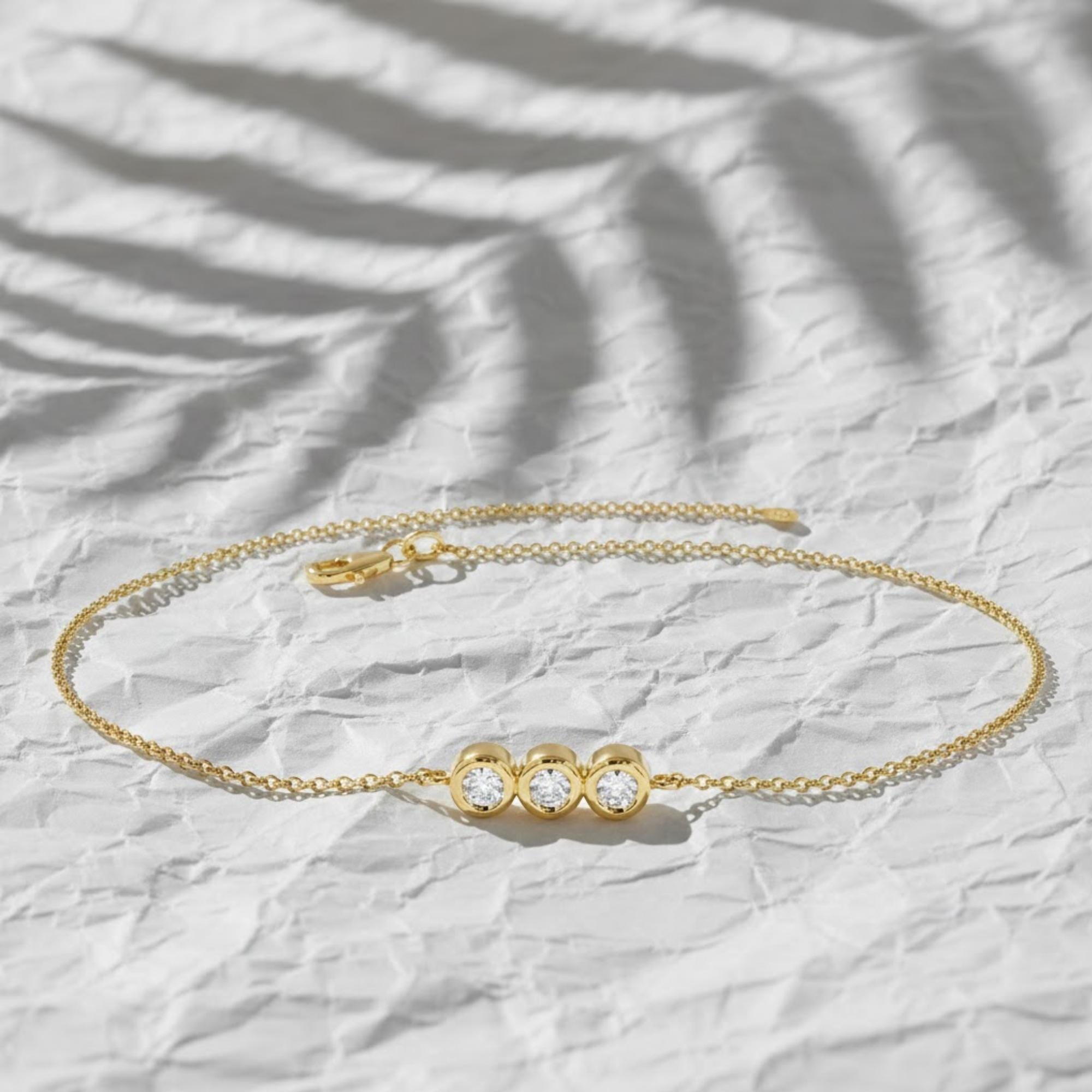 Diamond Bracelet with Thin Chain | Trio Diamond Bracelet in 14K Solid Gold in Bezel Setting | Diamond Bezel Bracelet | Birthday Gift
