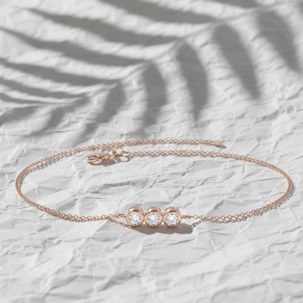 Diamond Bracelet with Thin Chain | Trio Diamond Bracelet in 14K Solid Gold in Bezel Setting | Diamond Bezel Bracelet | Birthday Gift