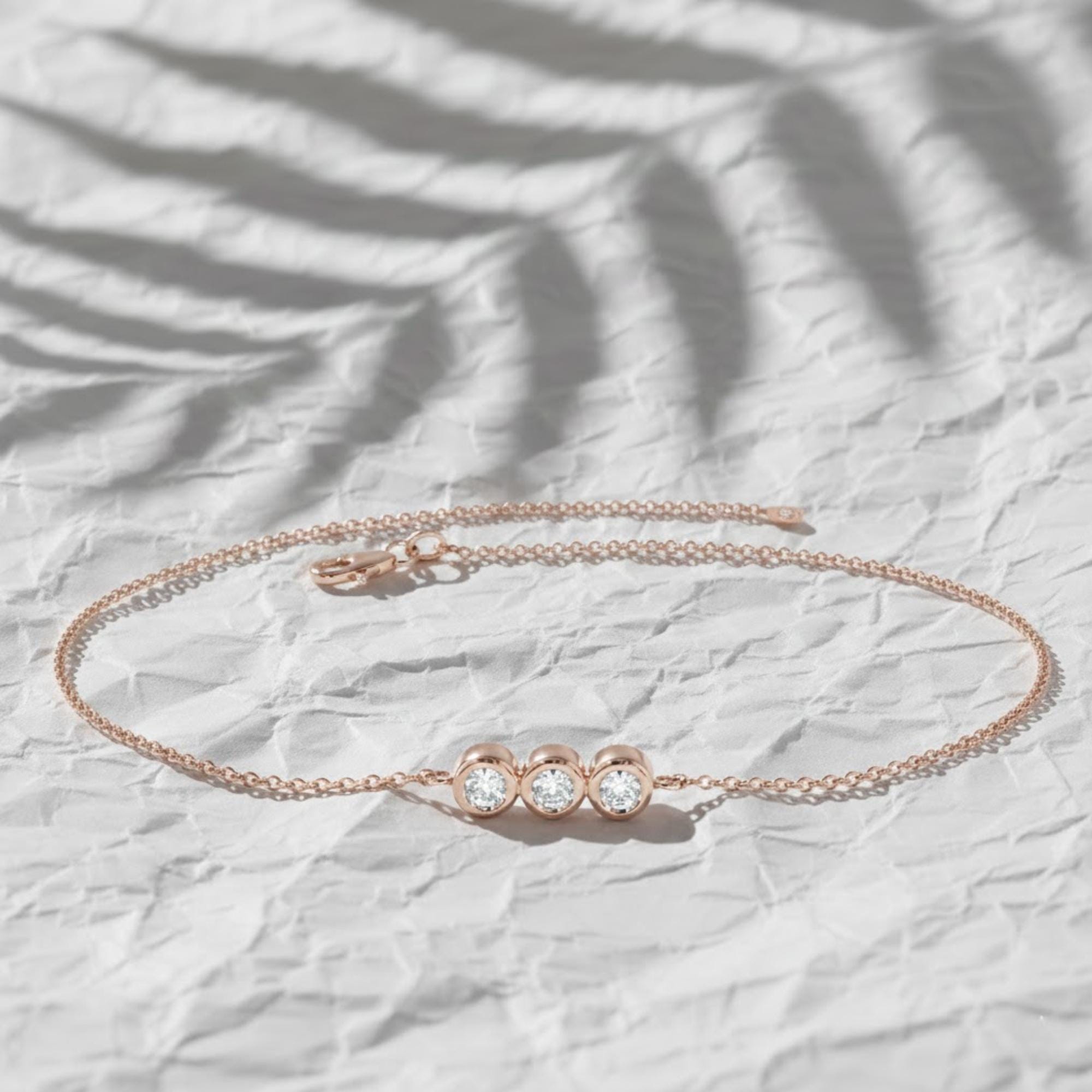 Diamond Bracelet with Thin Chain | Trio Diamond Bracelet in 14K Solid Gold in Bezel Setting | Diamond Bezel Bracelet | Birthday Gift