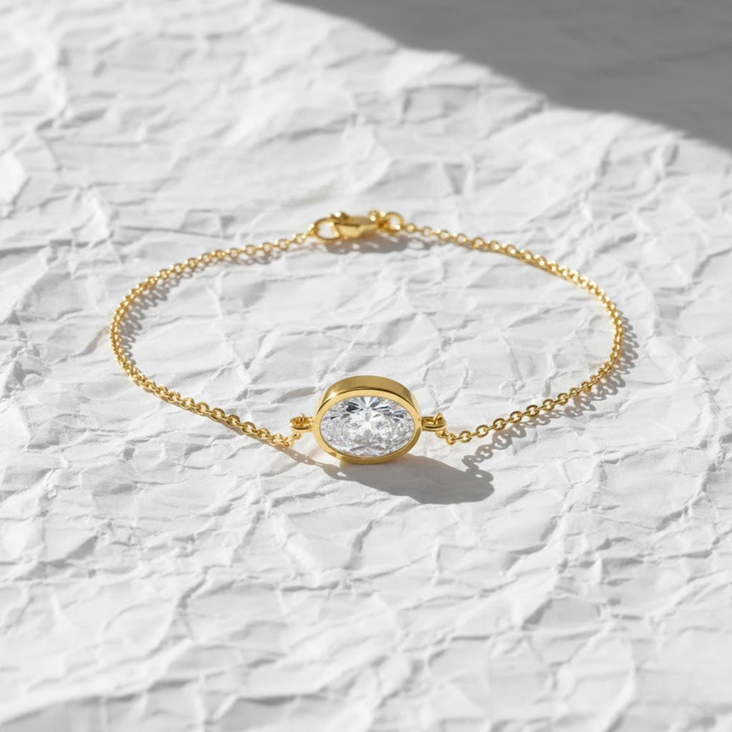 14K Gold Bezel Setting Diamond Bracelet for Women / Oval Cut Solitaire Lab Diamond Bracelet 1.00 Ct