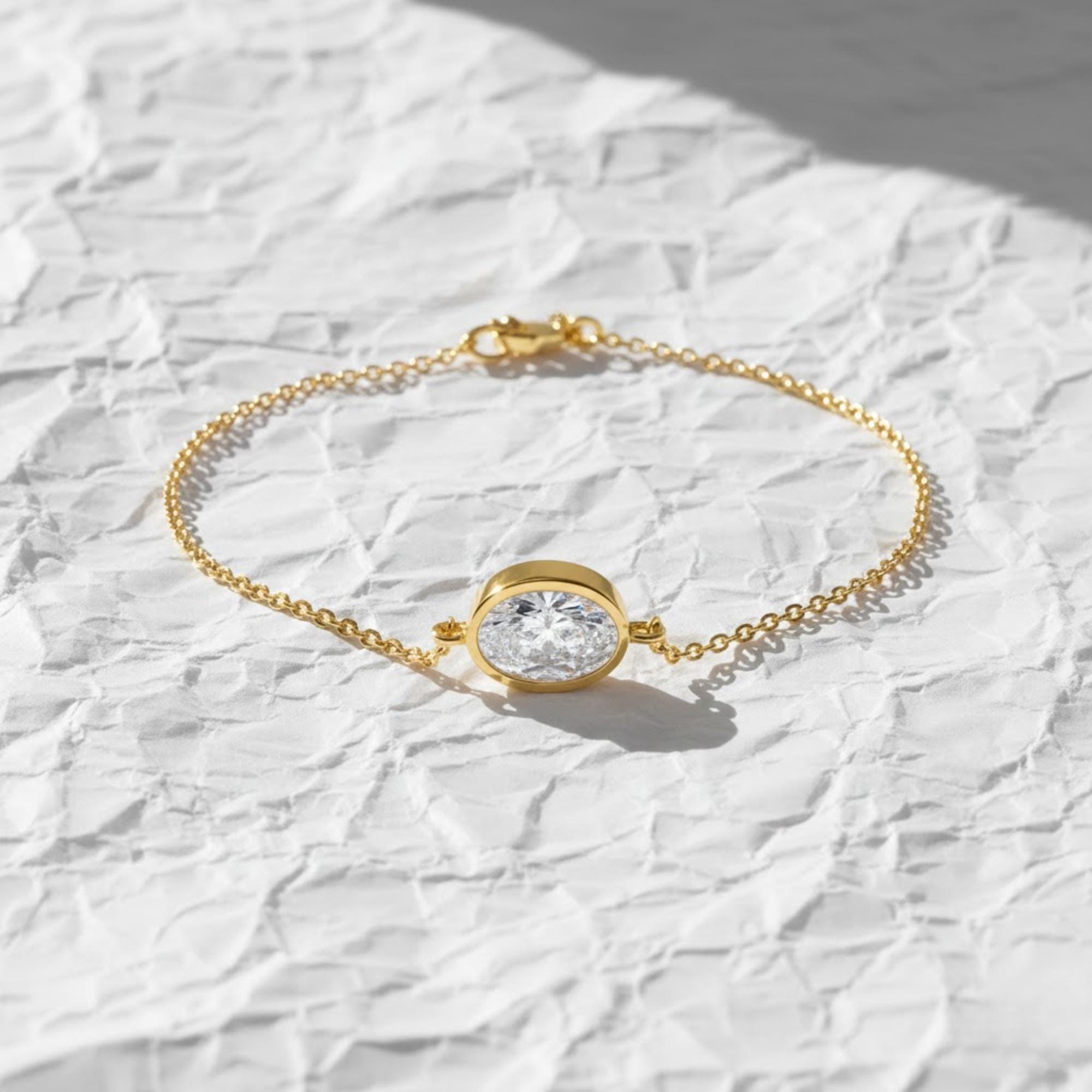 14K Gold Bezel Setting Diamond Bracelet for Women / Oval Cut Solitaire Lab Diamond Bracelet 1.00 Ct