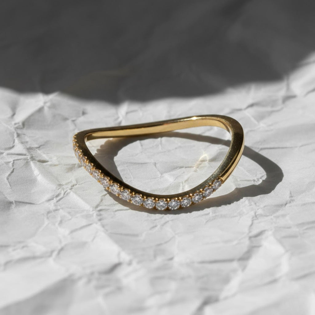 14K Solid Gold Lab Grown Diamond Wedding Band, Minimalist Curve Half Eternity Ring