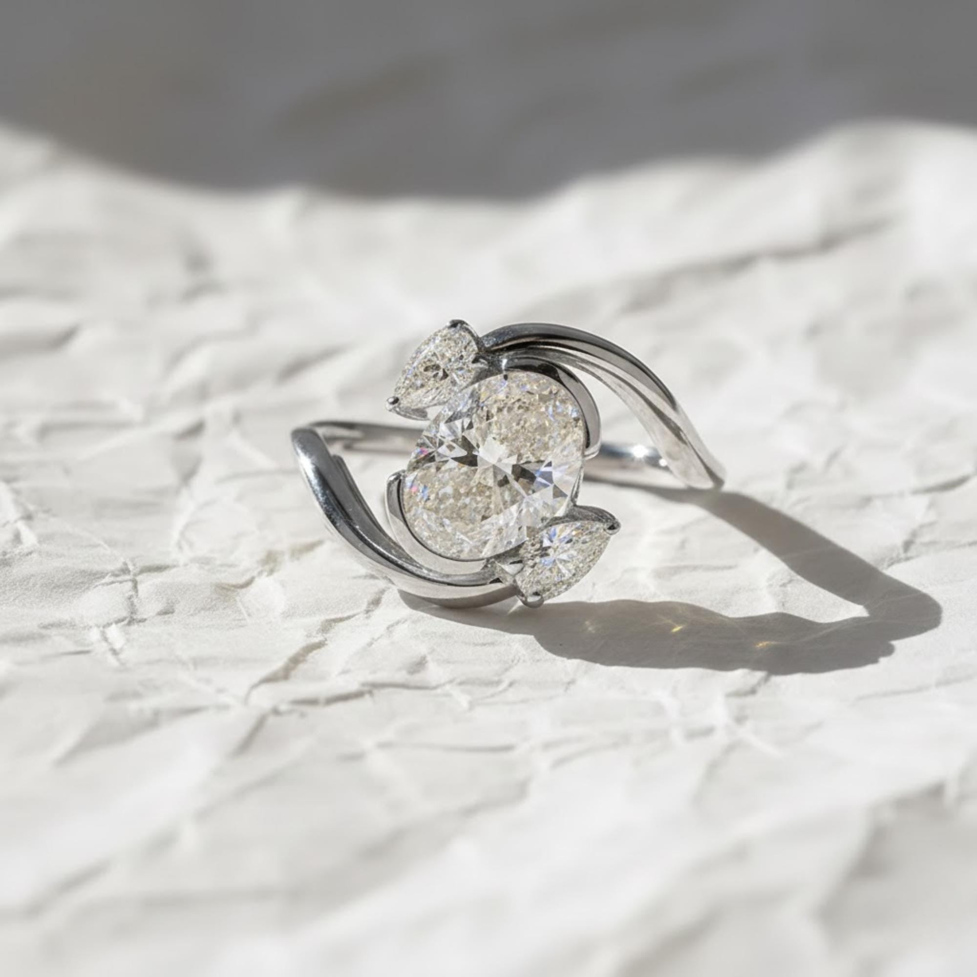 14K Gold Oval Shape Lab Grown Diamond Three Stone Engagement Ring