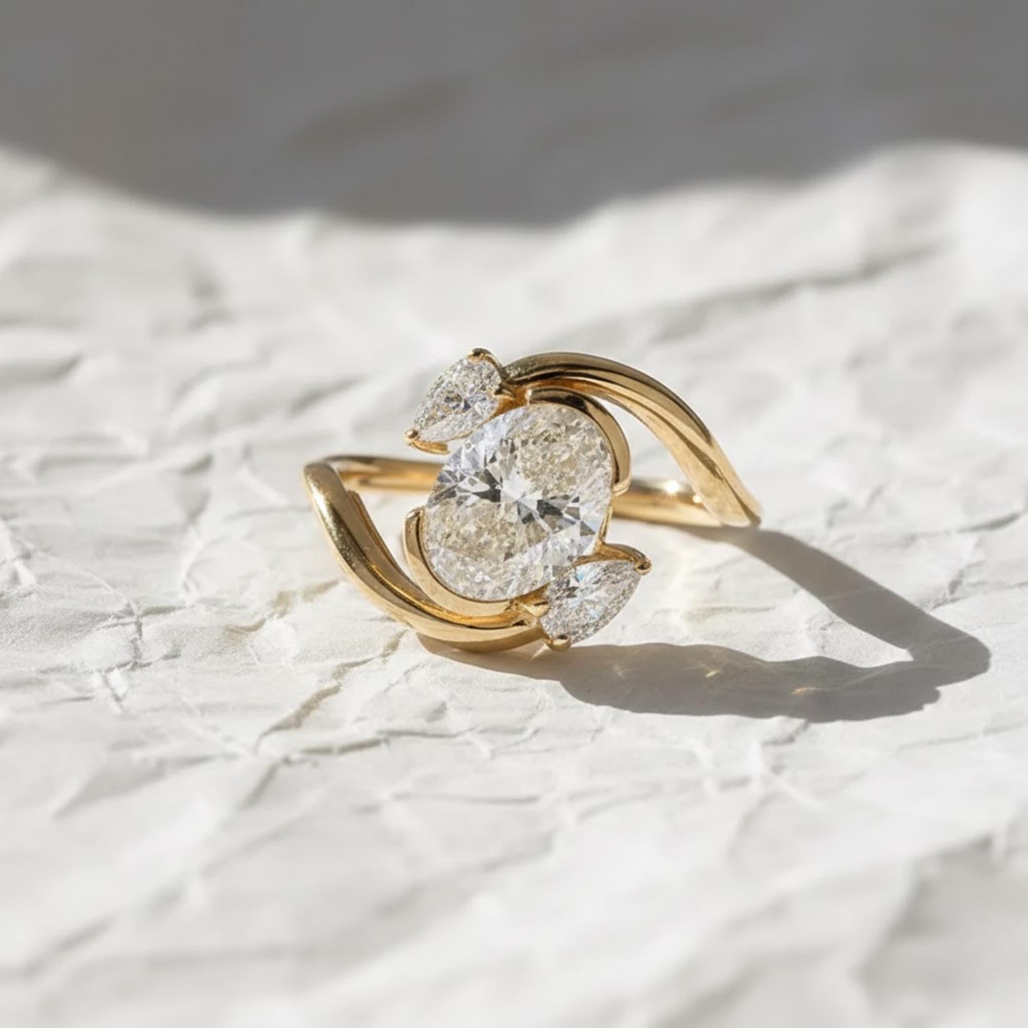 14K Gold Oval Shape Lab Grown Diamond Three Stone Engagement Ring