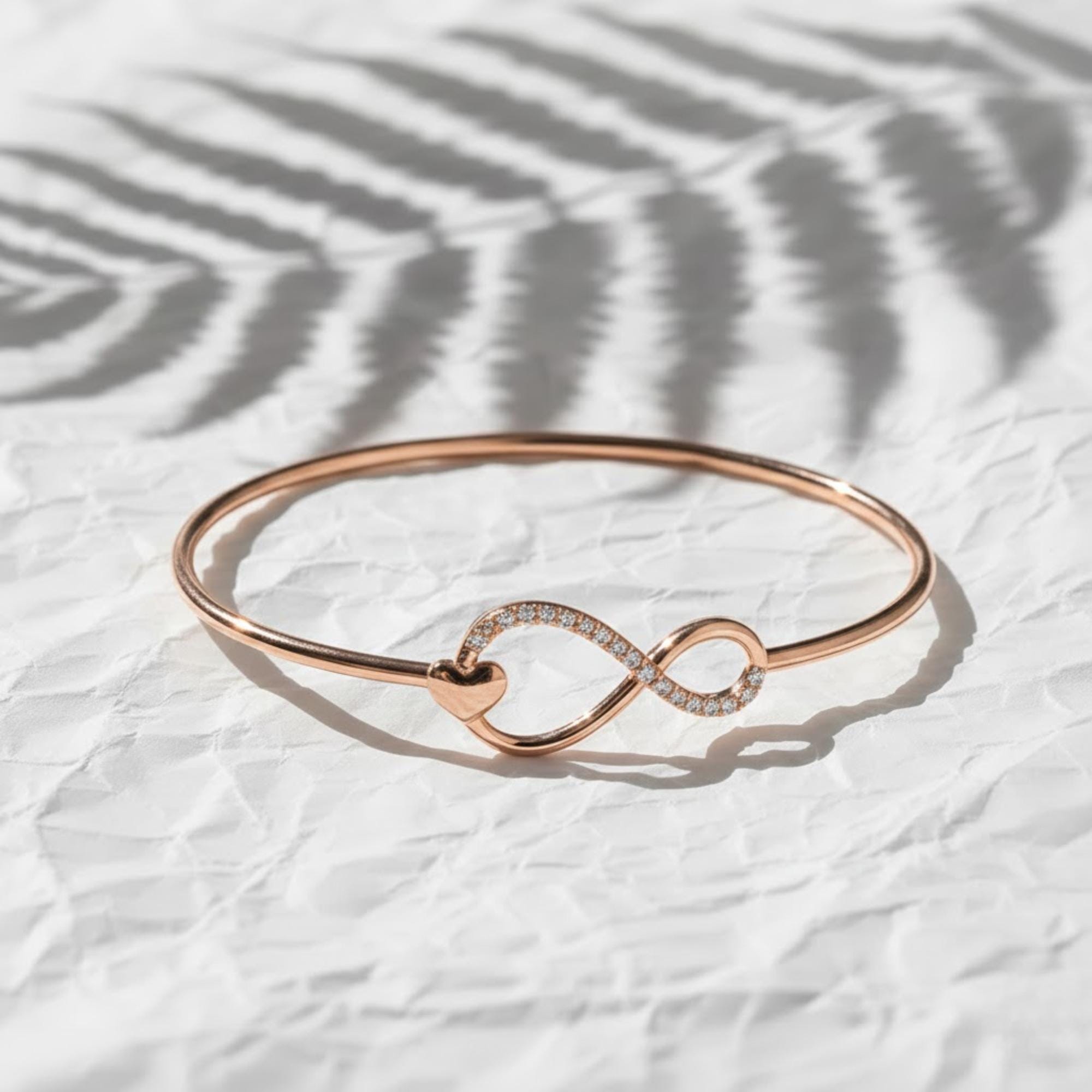 14K Gold Diamond Heart Bracelet, Handmade Lab Grown Diamond Infinity Bangle, Valentine's Gift
