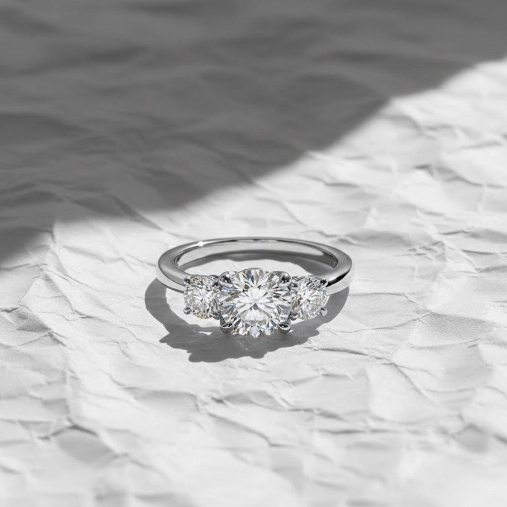 14K Gold Round Lab Grown Diamond Three Stone Engagement Ring