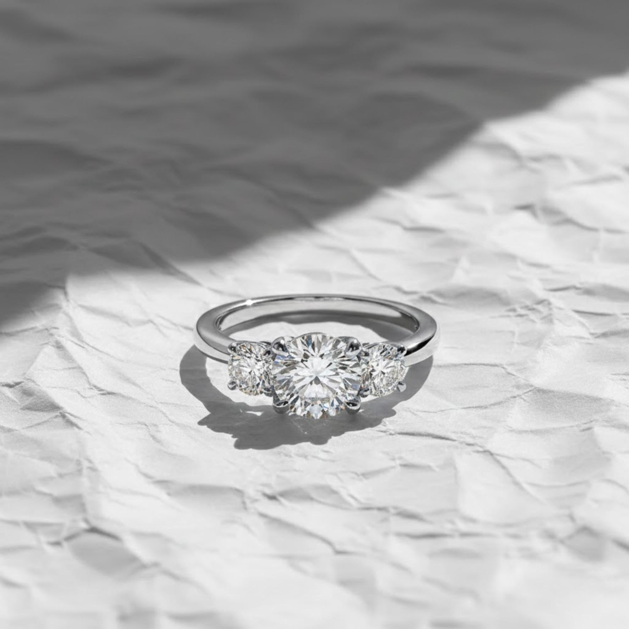 14K Gold Round Lab Grown Diamond Three Stone Engagement Ring