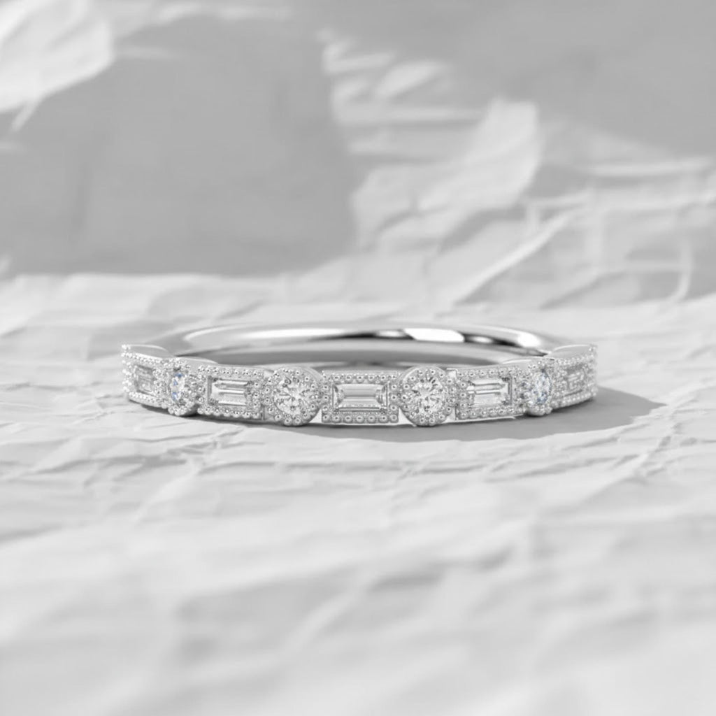 14k Gold Baguette & Round Lab Grown Diamond Ring: Milgrain Bezel Half Eternity
