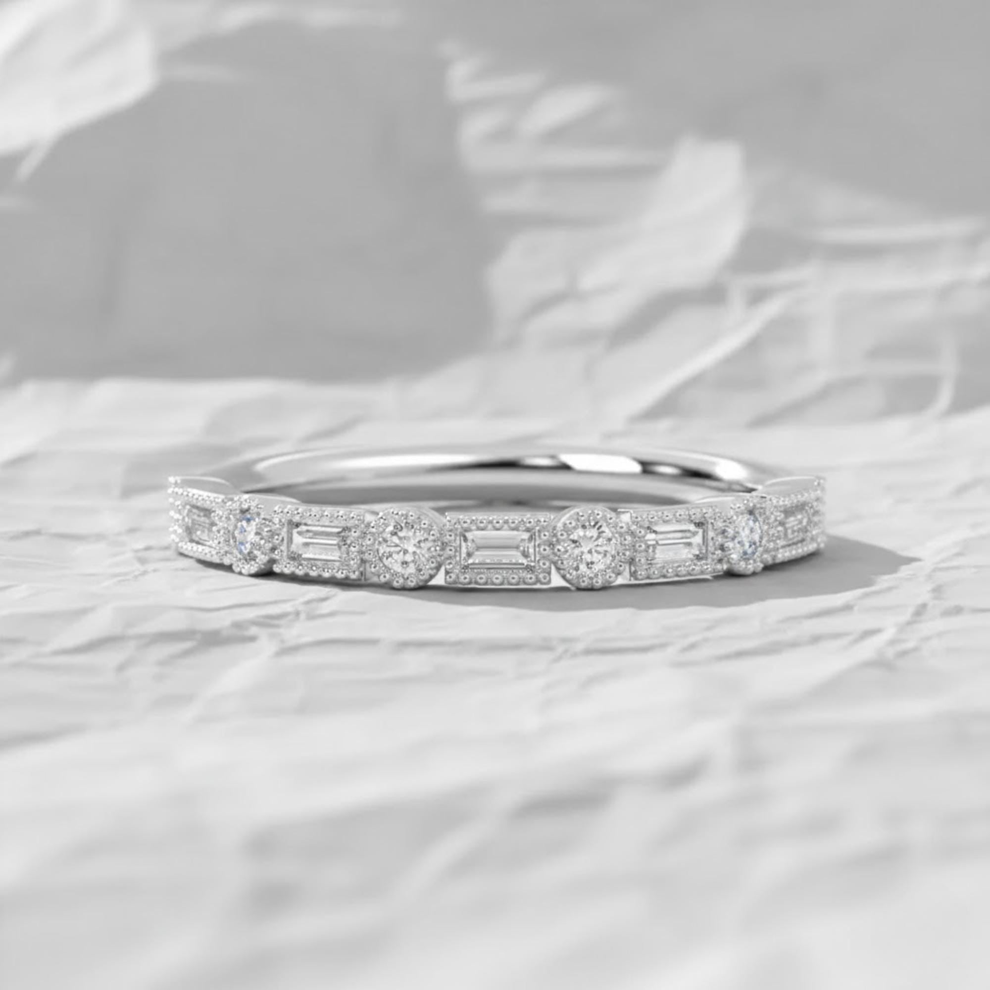 14k Gold Baguette & Round Lab Grown Diamond Ring: Milgrain Bezel Half Eternity