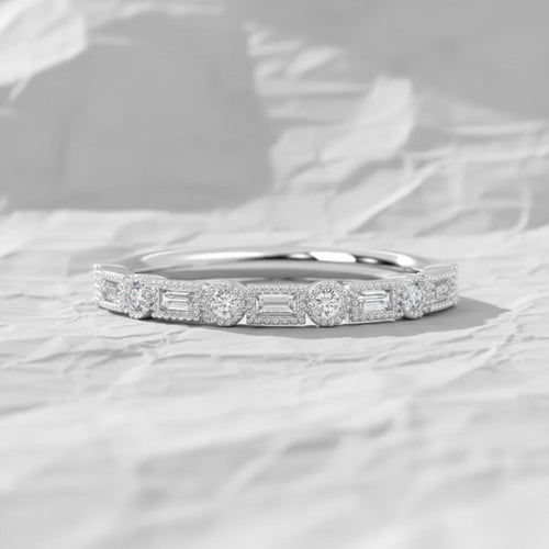 14k Gold Baguette & Round Lab Grown Diamond Ring: Milgrain Bezel Half Eternity