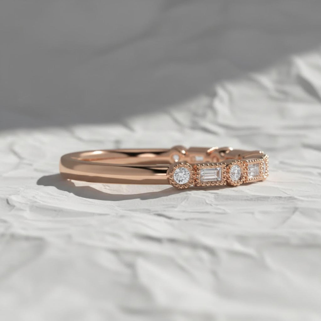 14k Gold Baguette & Round Lab Grown Diamond Ring: Milgrain Bezel Half Eternity