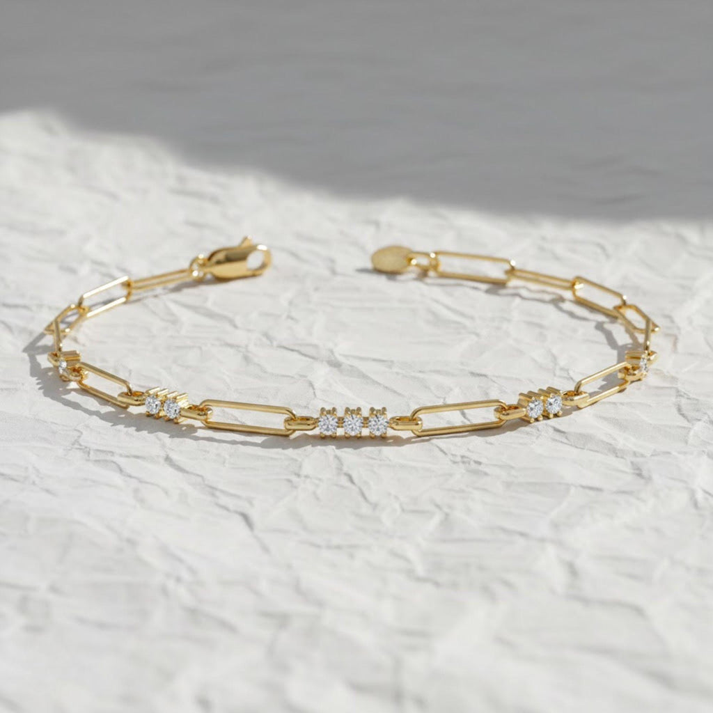 14K Gold Paperclip Diamond Bracelet | Lab Grown Diamond Paperclip Stacking Bracelet