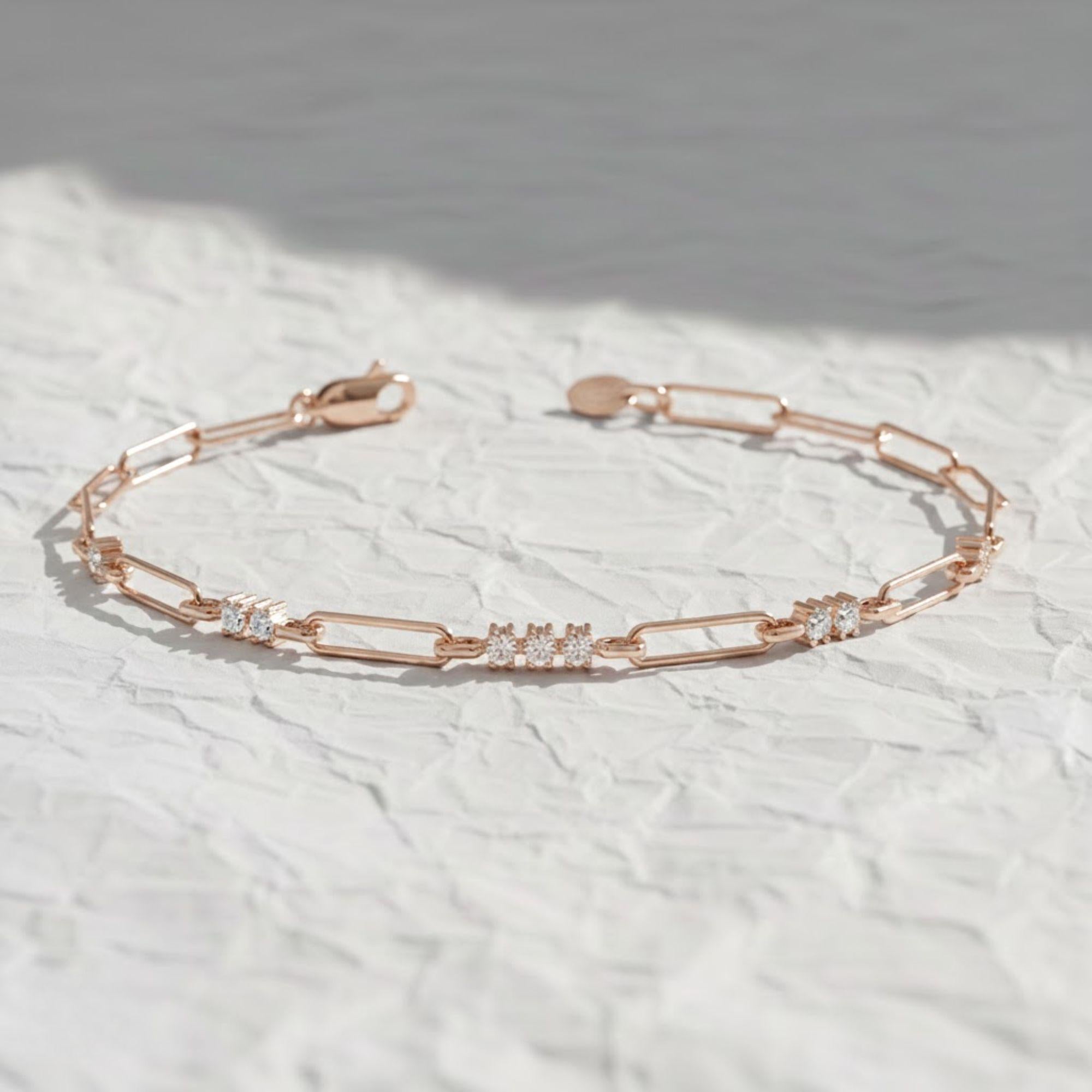 14K Gold Paperclip Diamond Bracelet | Lab Grown Diamond Paperclip Stacking Bracelet