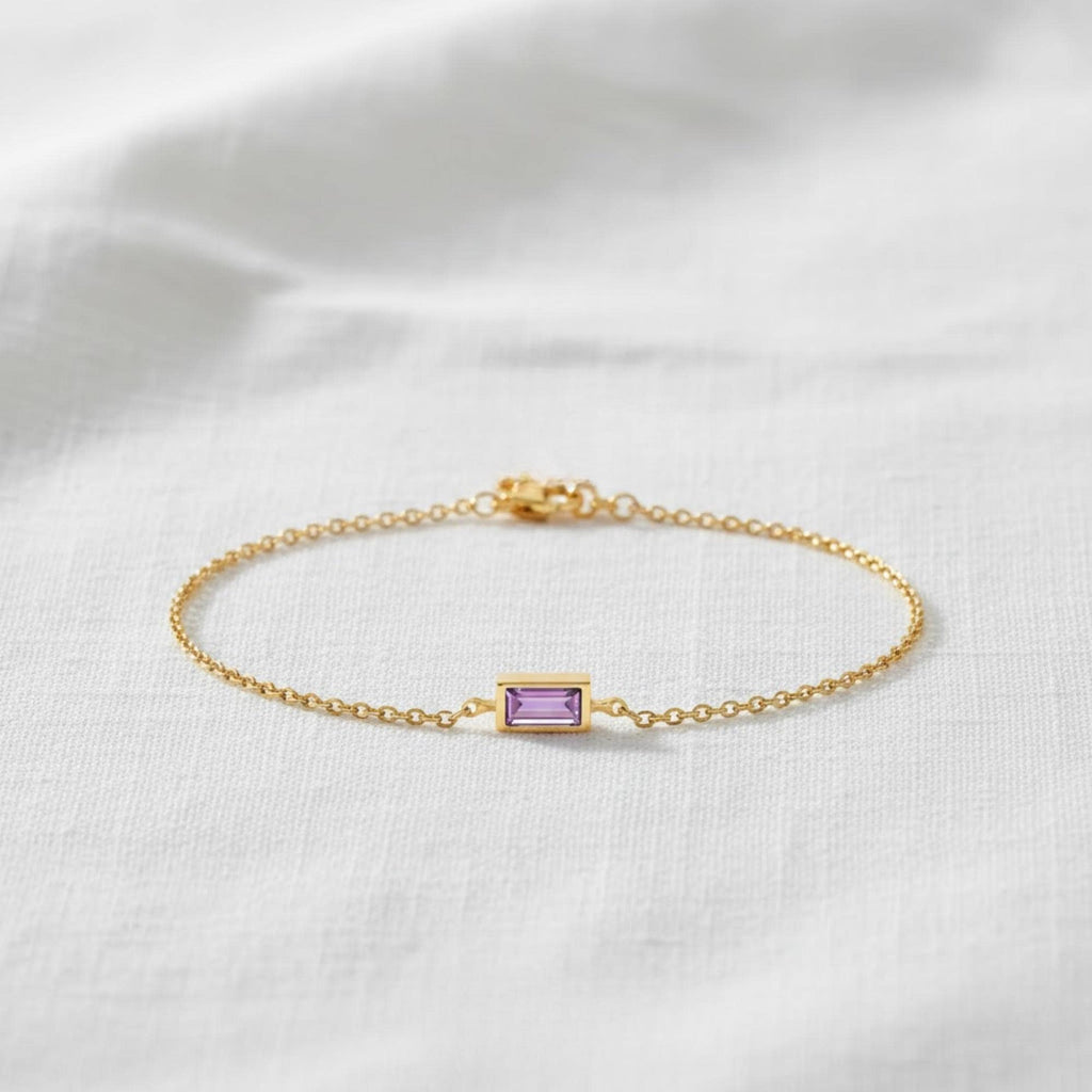 14k Gold Amethyst Bracelet, Baguette Gemstone Stone with Bezel Setting, February Birthstone, Birthstone Jewelry, 14k Dainty Bracelet