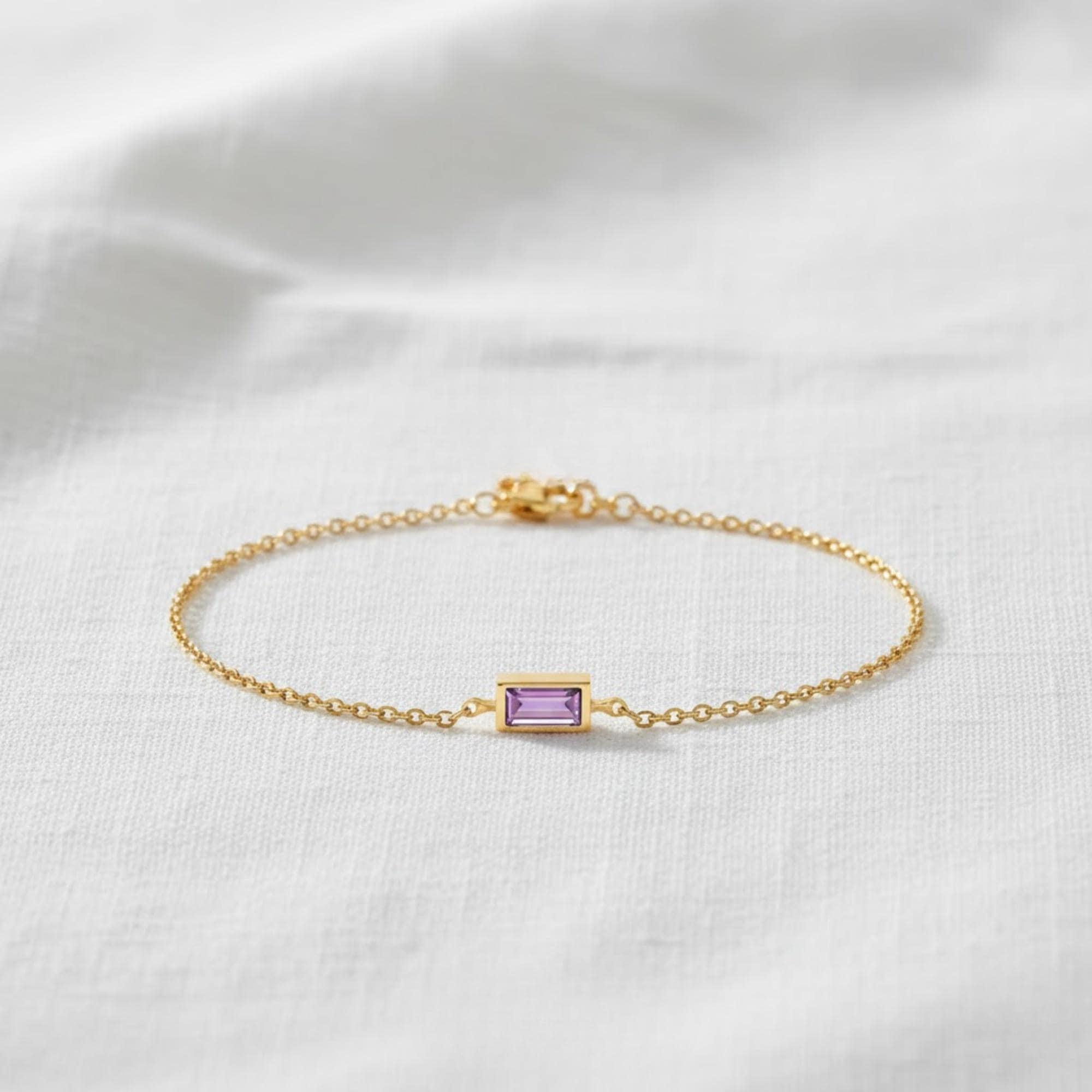 14k Gold Amethyst Bracelet, Baguette Gemstone Stone with Bezel Setting, February Birthstone, Birthstone Jewelry, 14k Dainty Bracelet