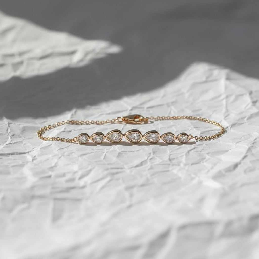 Bezel Set Pear Lab Grown Diamond Bracelet: 14K Yellow Gold Wedding Jewelry